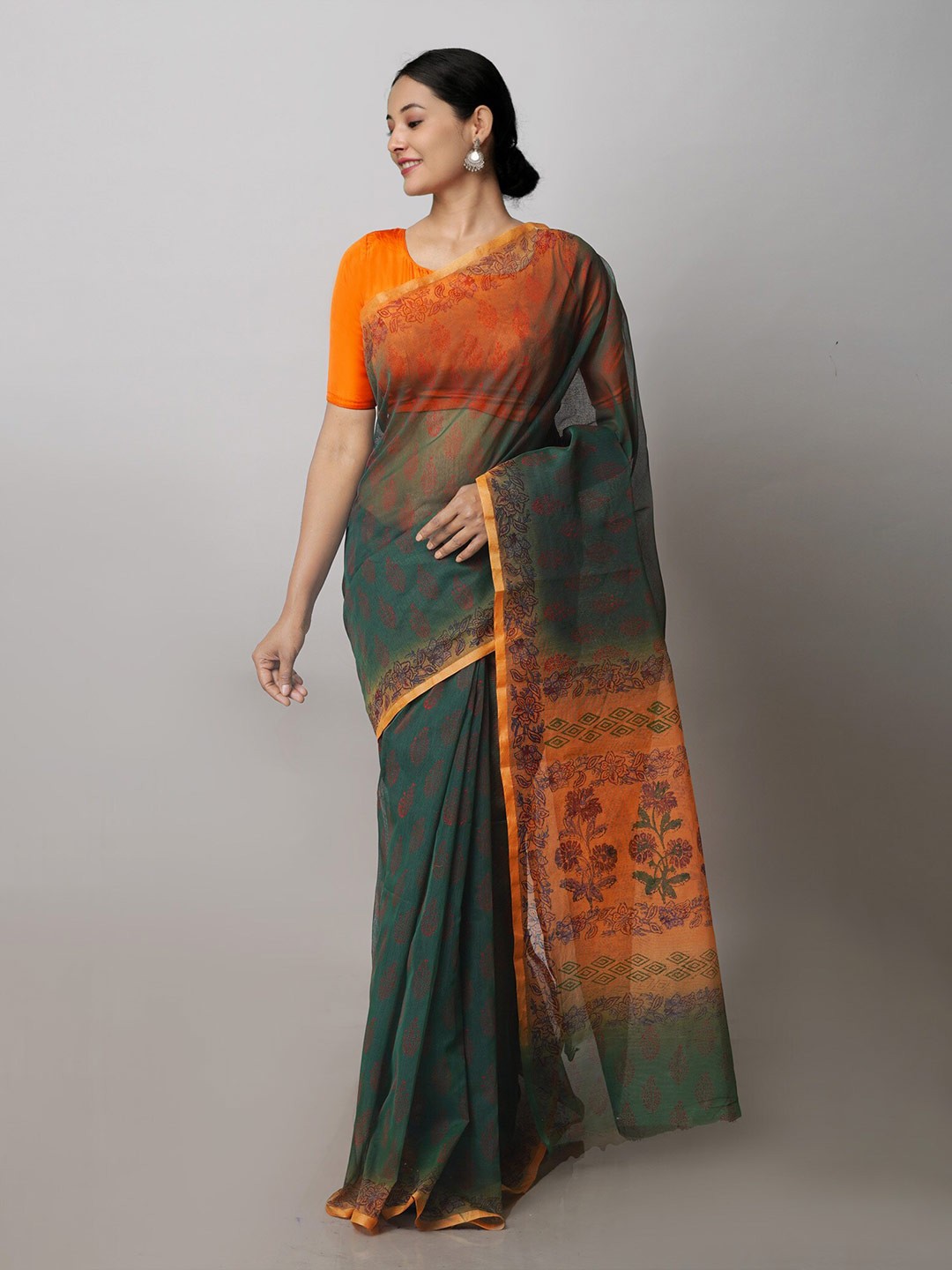 

Unnati Silks Floral Supernet Block Print Saree, Green
