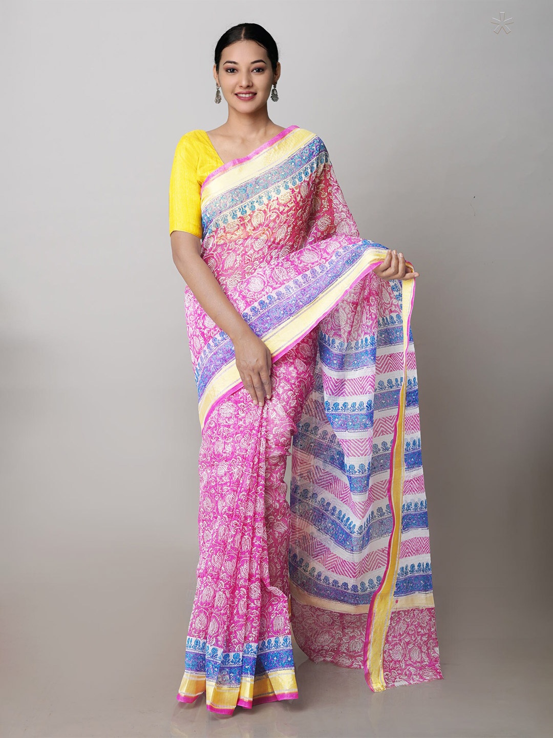 

Unnati Silks Floral Printed Zari Pure Cotton Handloom Kota Saree, Pink
