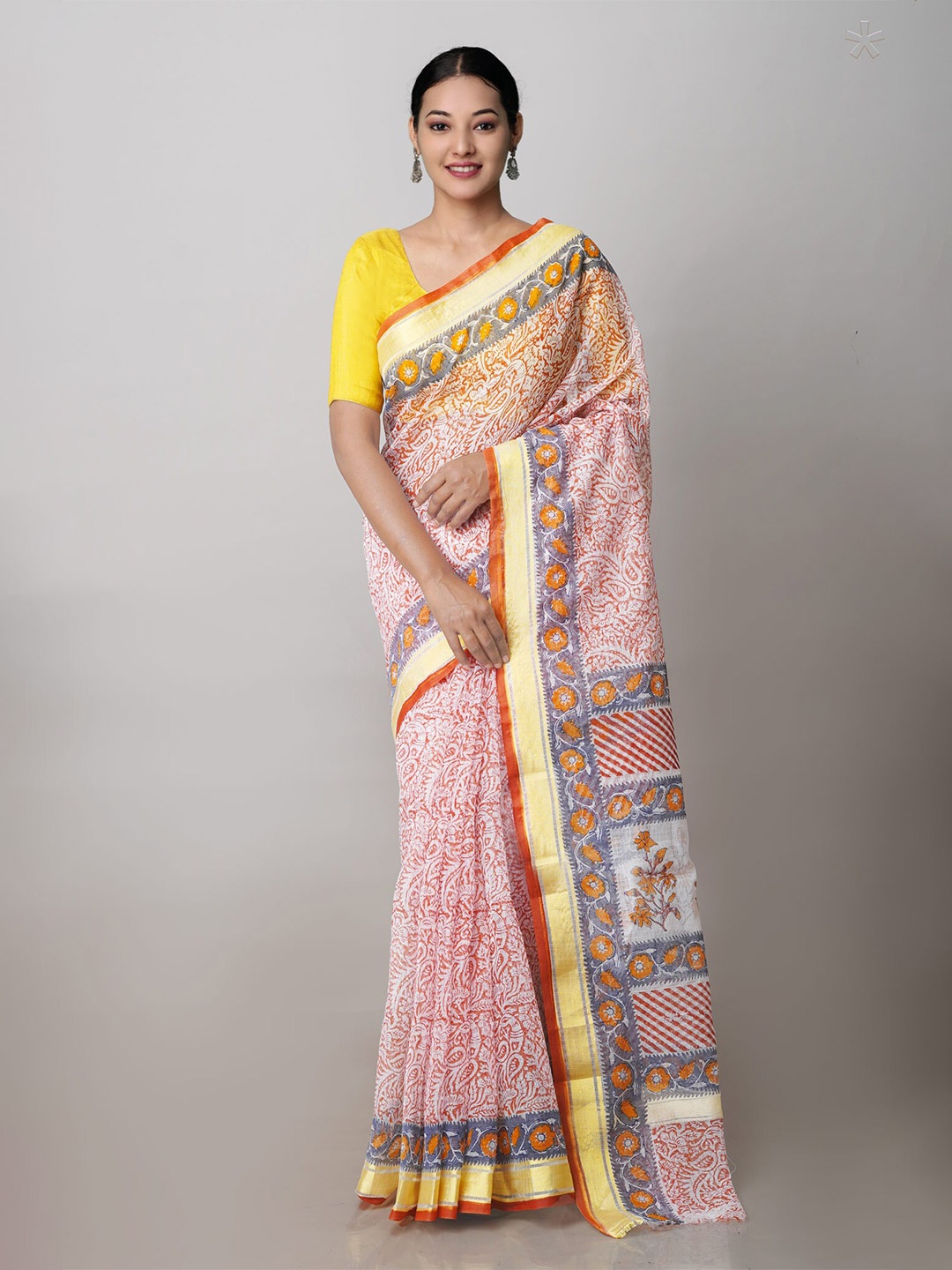 

Unnati Silks Paisley Printed Zari Pure Cotton Kota Saree, Orange