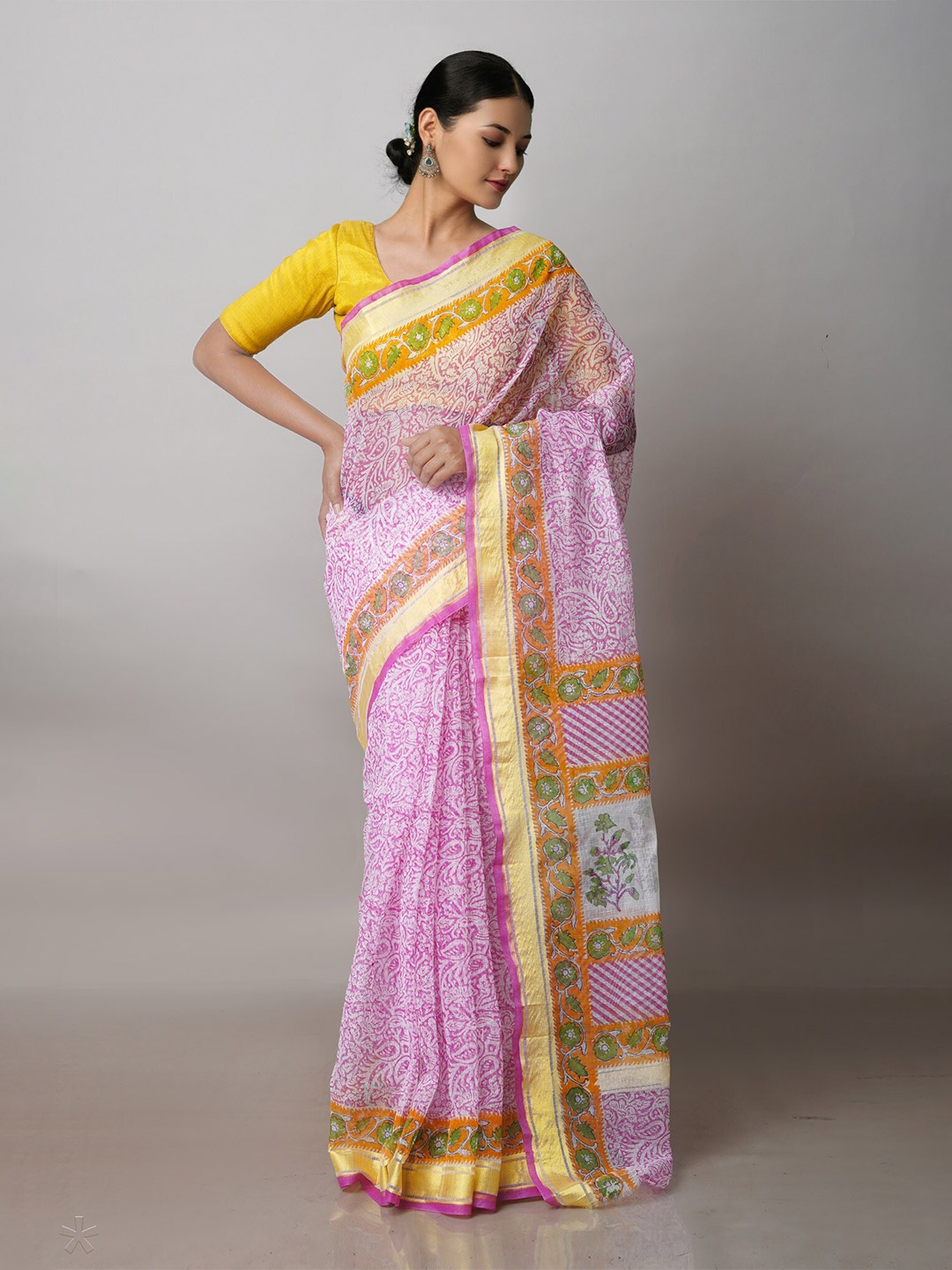 

Unnati Silks Paisley Printed Zari Pure Cotton Kota Saree, Pink