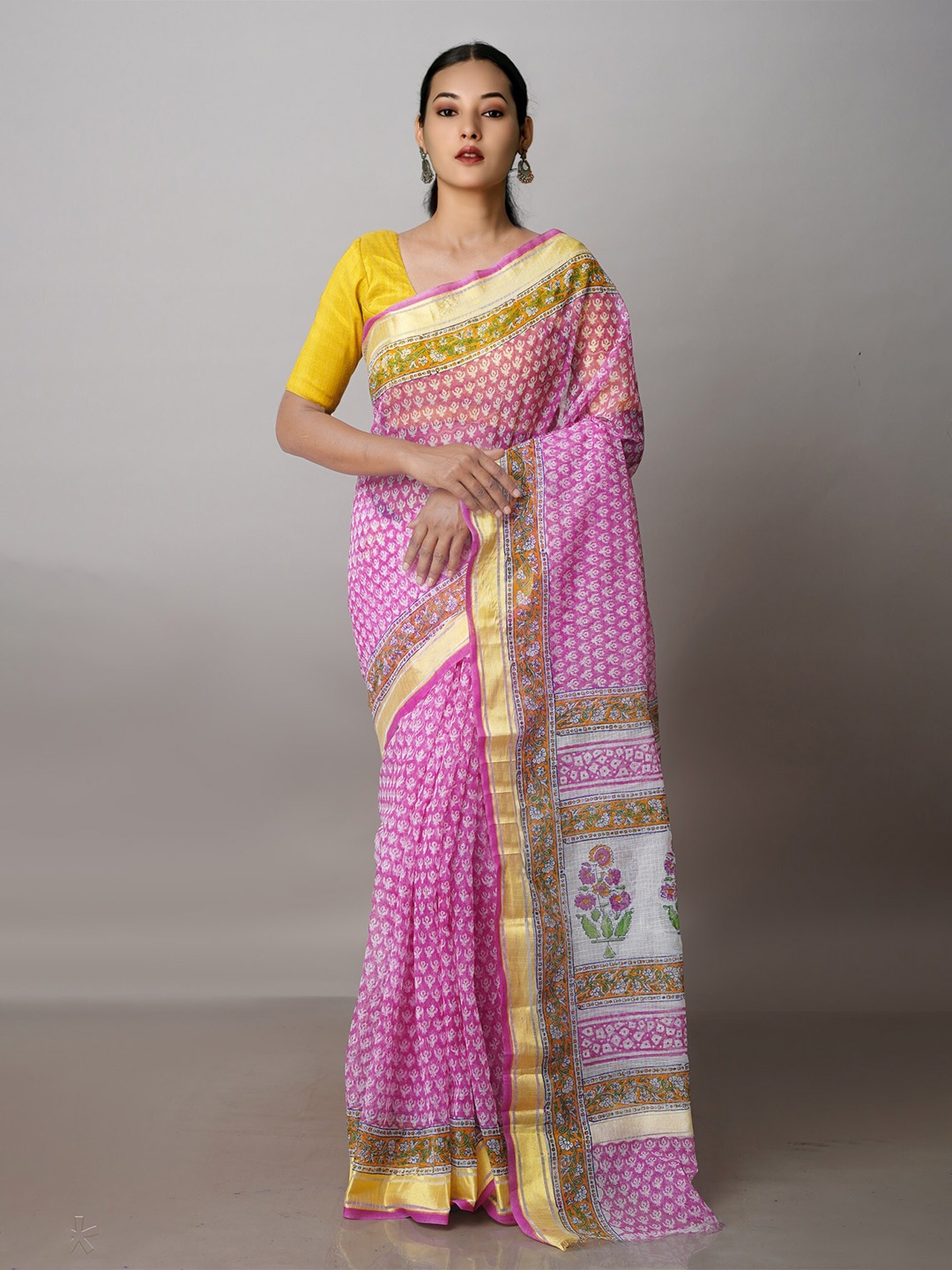 

Unnati Silks Ethnic Motifs Printed Pure Cotton Zari Handloom Kota Saree, Pink