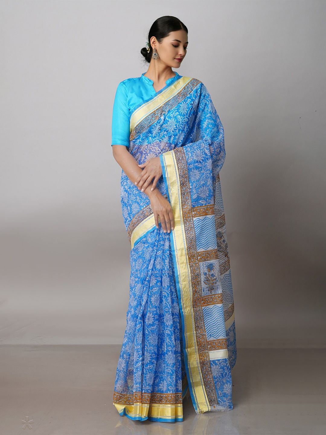 

Unnati Silks Ethnic Motifs Printed Zari Pure Cotton Handloom Kota Saree, Blue