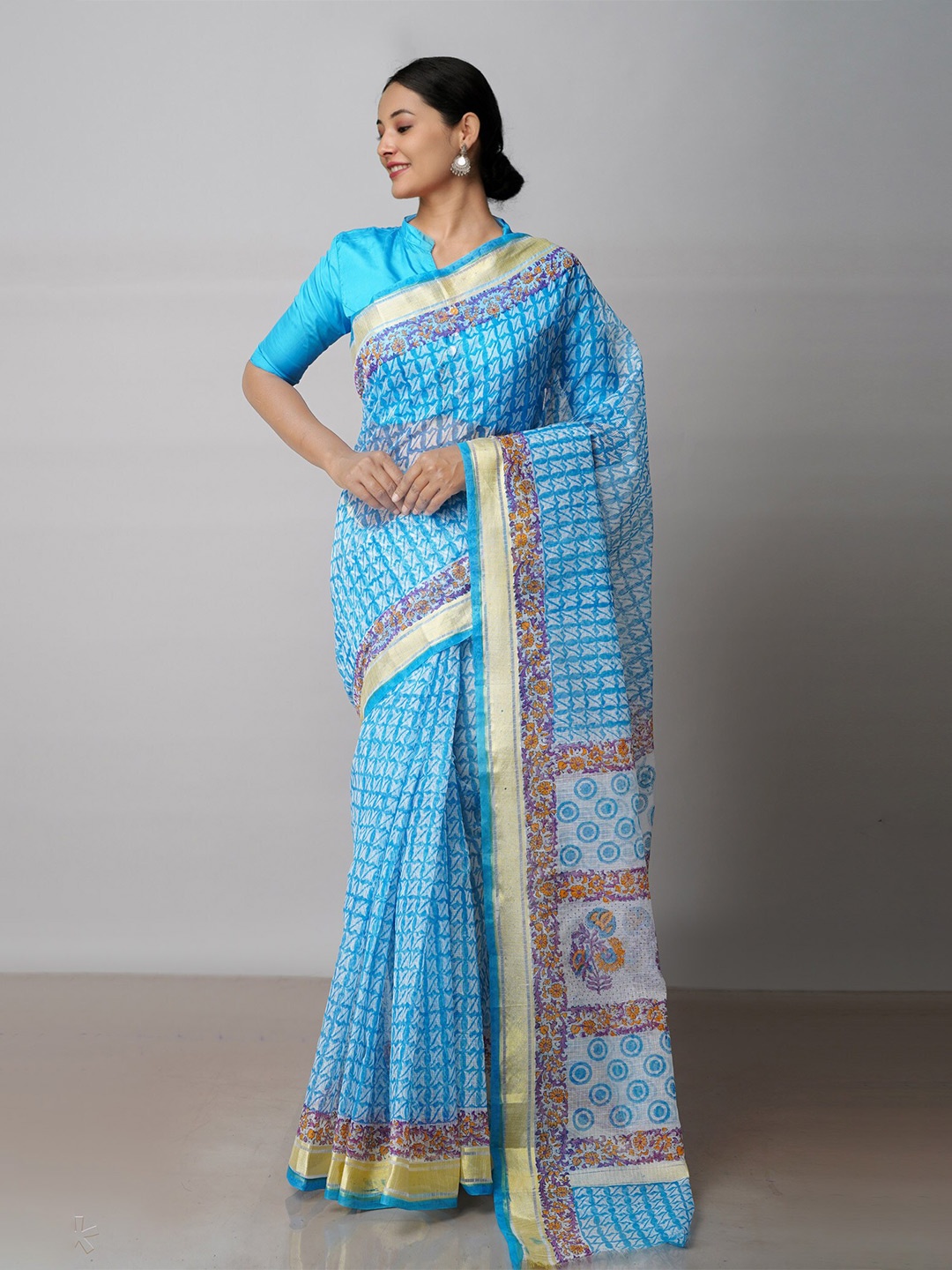 

Unnati Silks Ethnic Motifs Printed Zari Pure Cotton Kota Saree, Blue