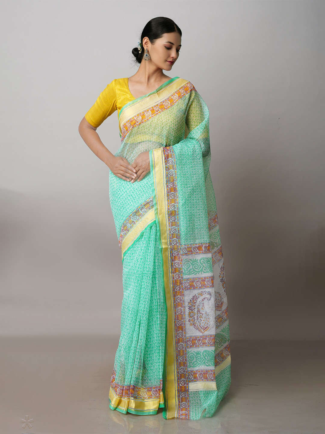 

Unnati Silks Ethnic Motifs Printed Zari Pure Cotton Kota Saree, Green