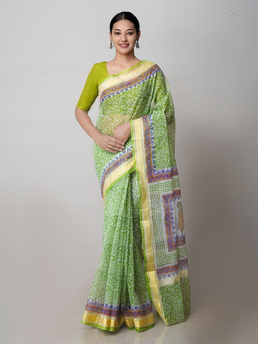 

Unnati Silks Ethnic Motifs Printed Zari Pure Cotton Kota Saree, Green