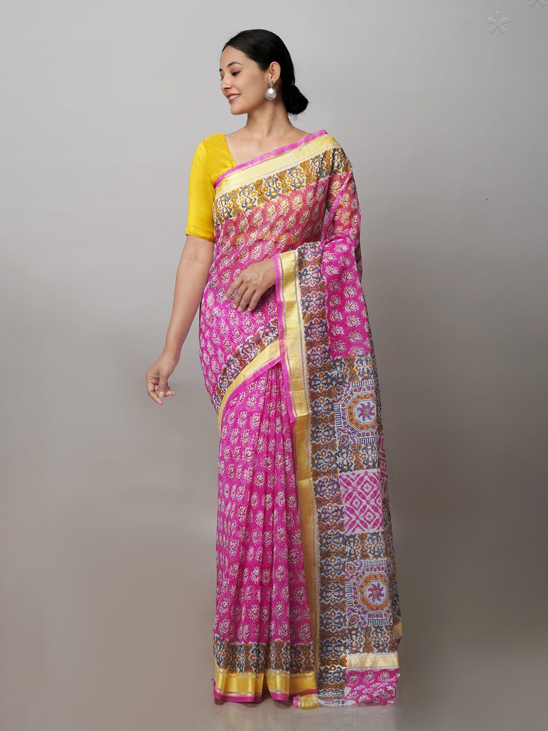 

Unnati Silks Ethnic Motifs Printed Zari Pure Cotton Kota Saree, Pink