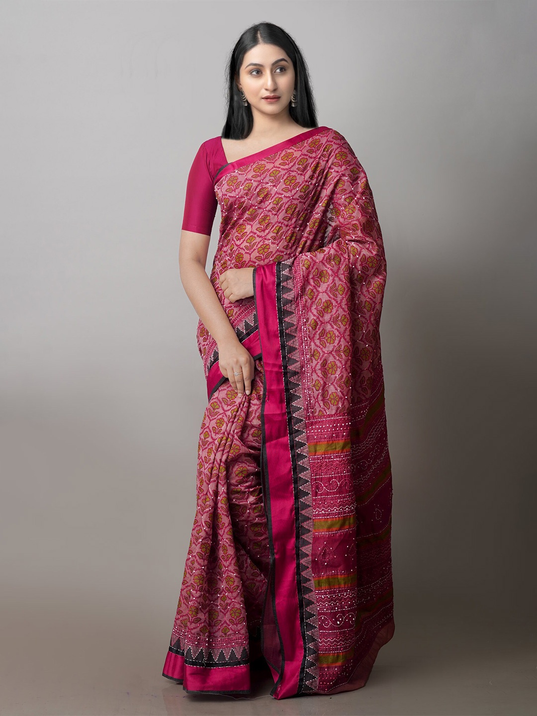 

Unnati Silks Ethnic Motifs Printed Kantha Work Saree, Maroon