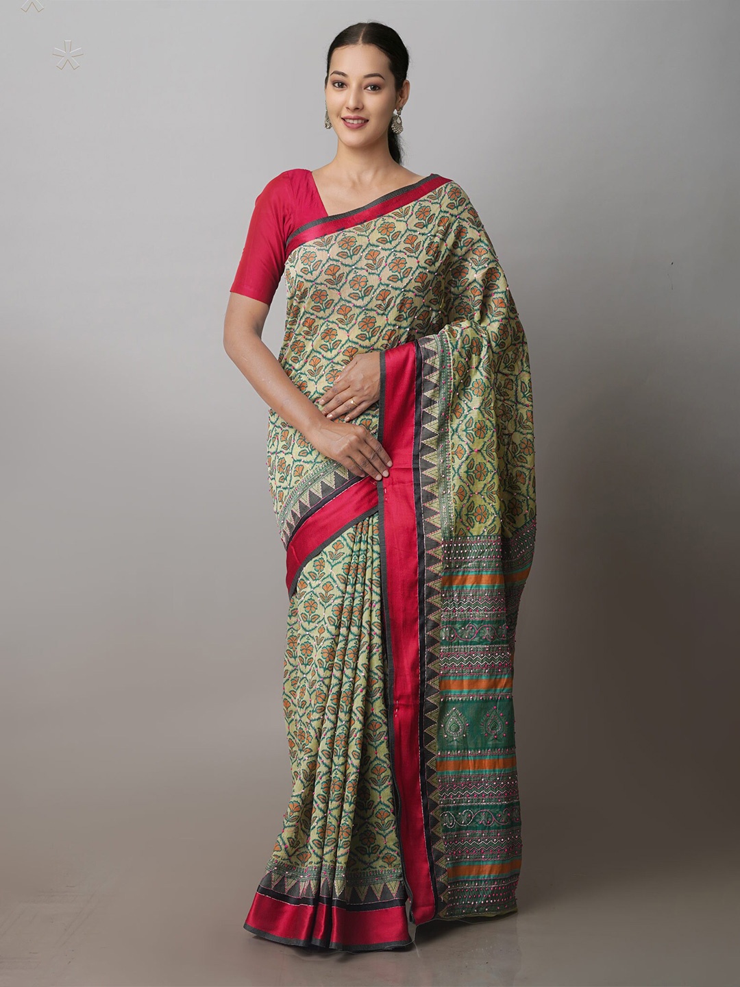 

Unnati Silks Ethnic Motifs Printed Kantha Work Chanderi Saree, Green