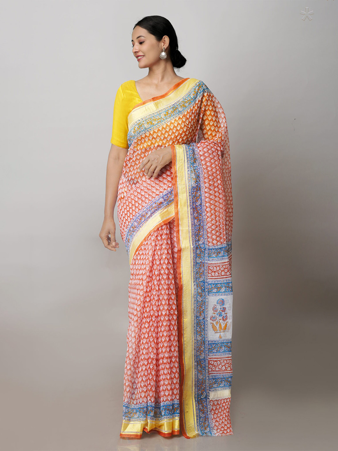 

Unnati Silks Floral Printed Zari Pure Cotton Handloom Kota Saree, Orange