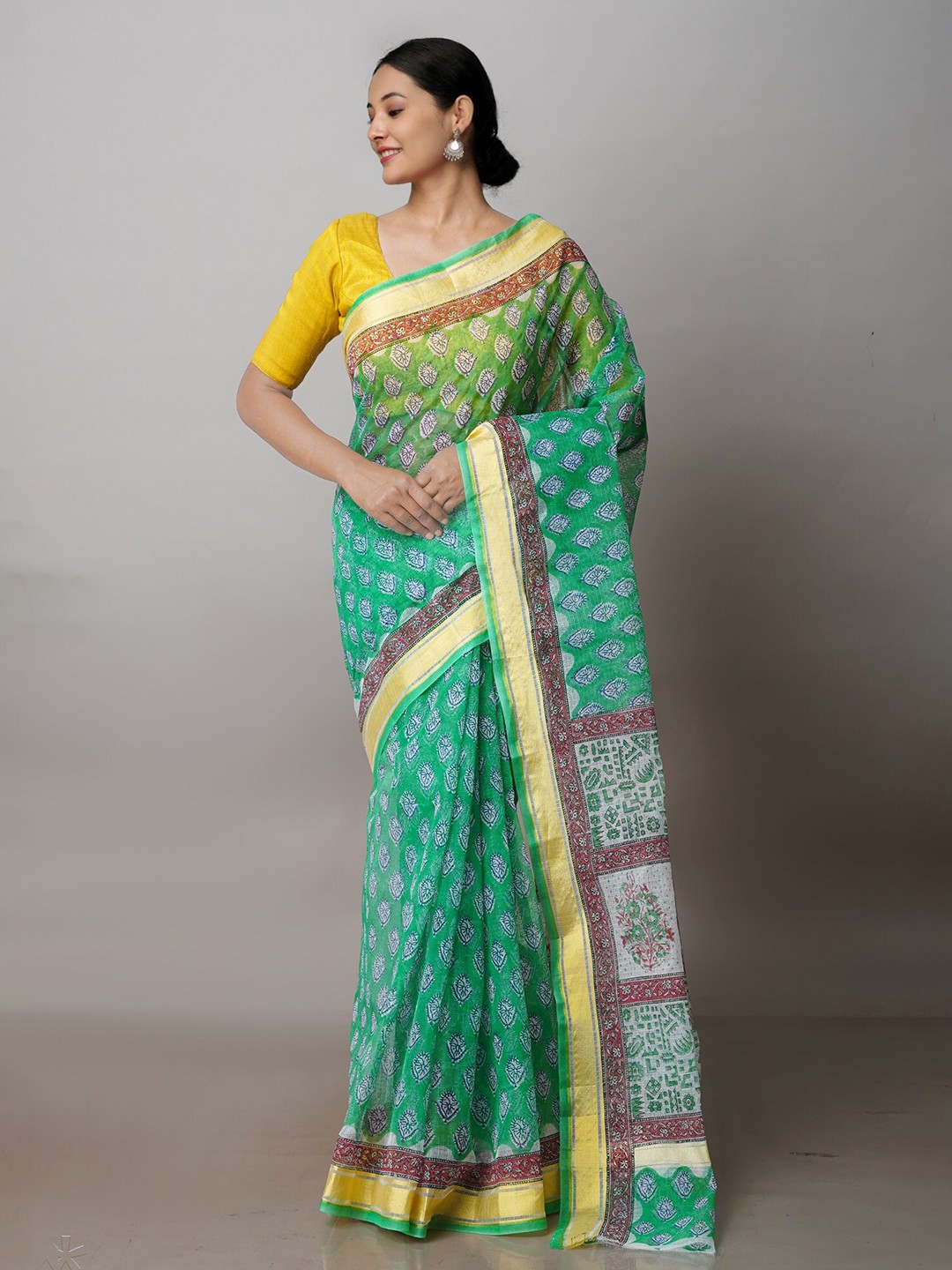 

Unnati Silks Floral Printed Zari Pure Cotton Handloom Kota Saree, Green