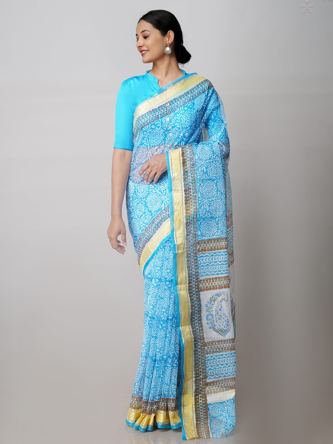 

Unnati Silks Floral Printed Zari Pure Cotton Handloom Kota Saree, Blue
