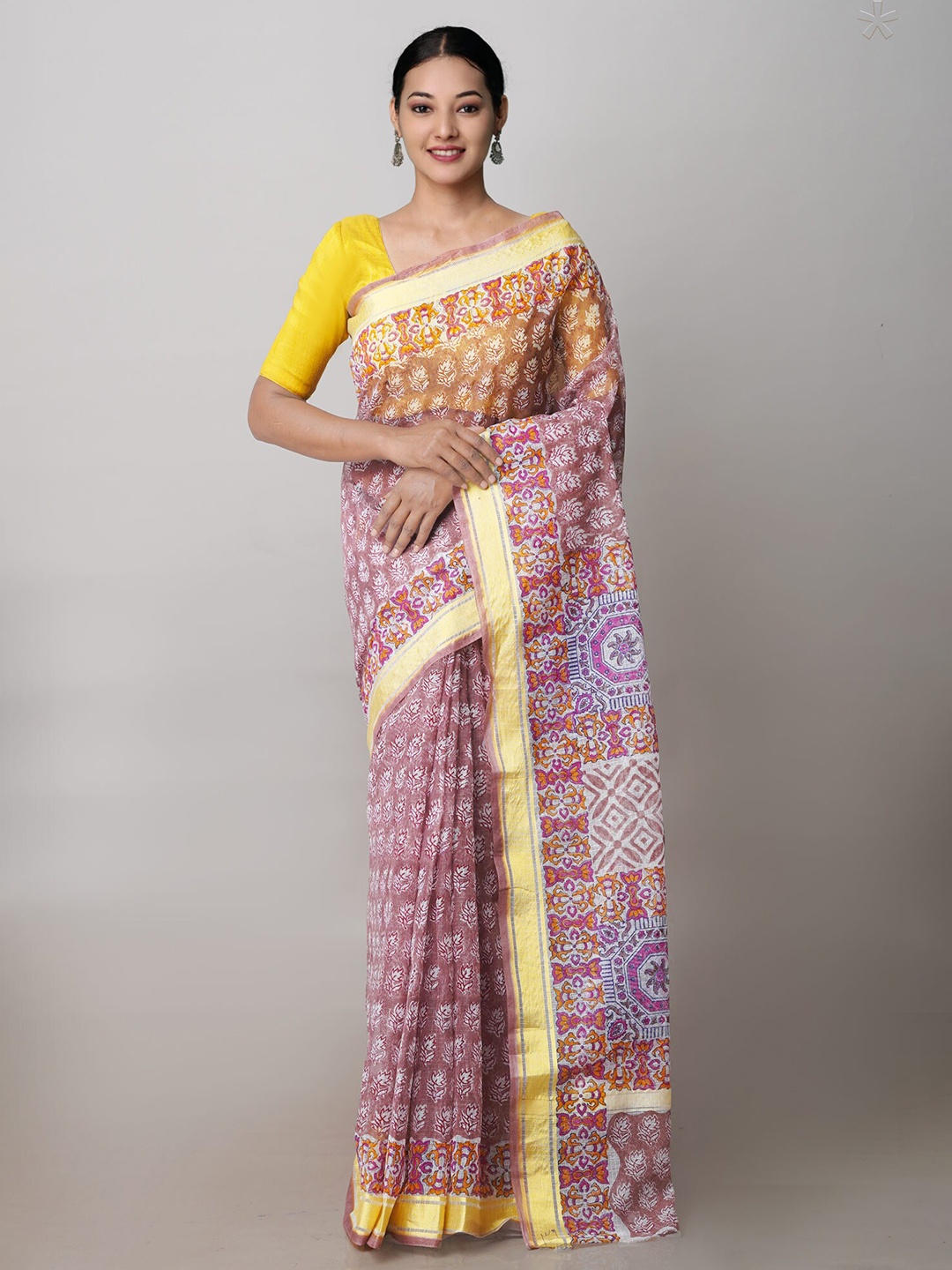 

Unnati Silks Brown & Purple Ethnic Motifs Zari Pure Cotton Handloom Kota Saree