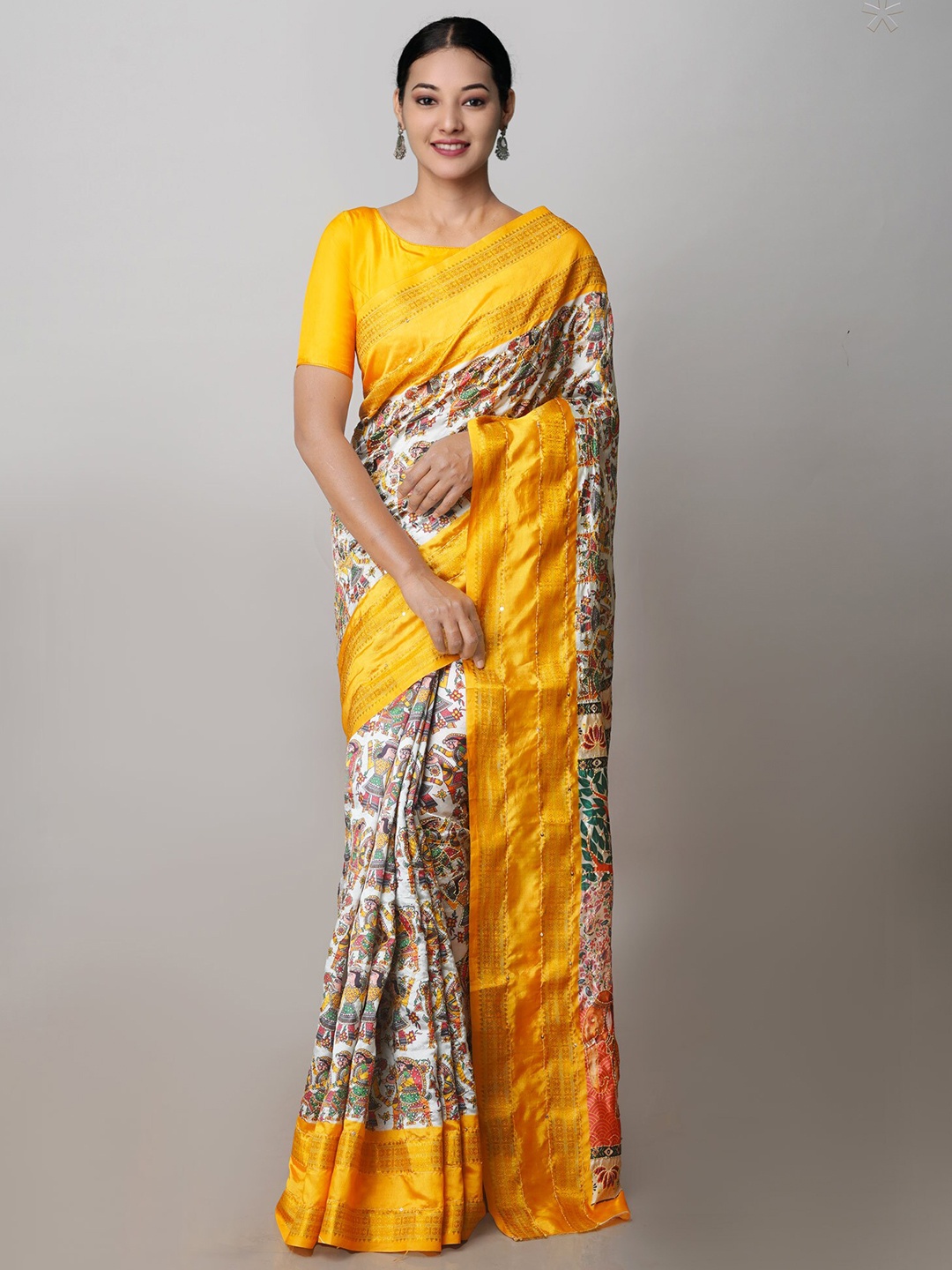 

Unnati Silks Kalamkari Printed Embroidered Baluchari Saree, Cream