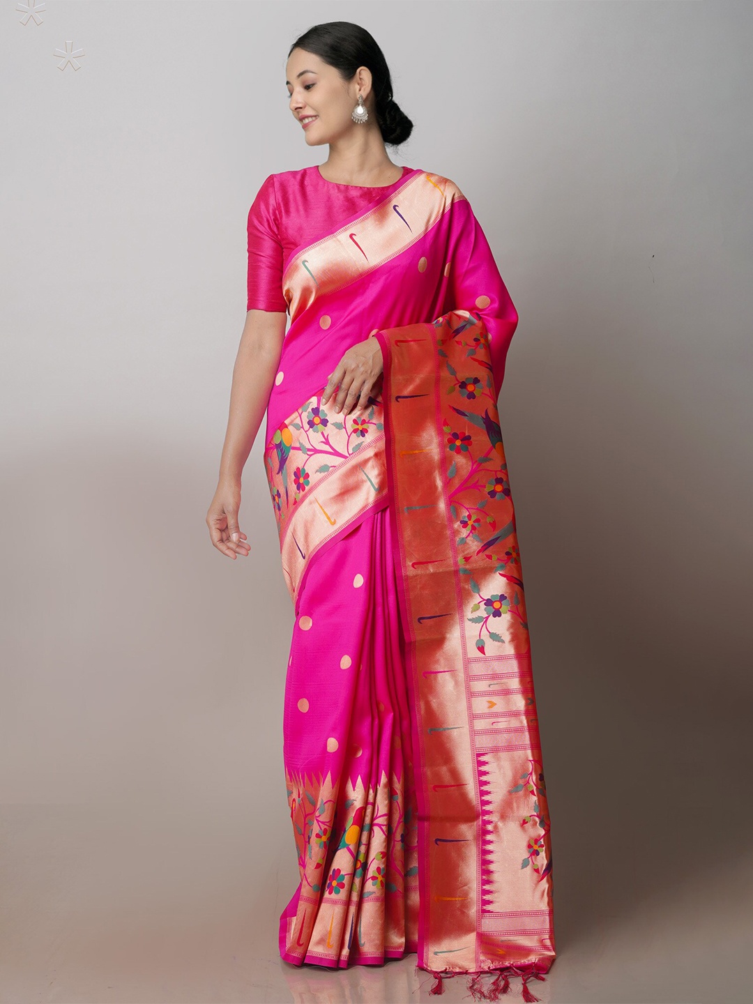 

Unnati Silks Geometric Woven Design Zari Paithani Saree, Pink