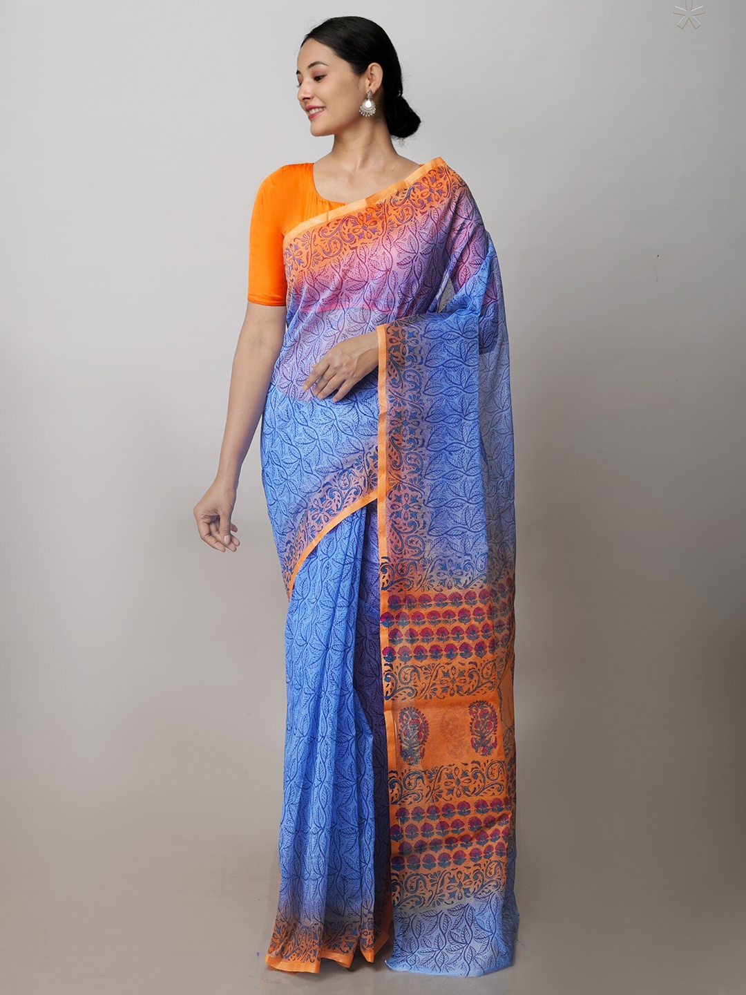 

Unnati Silks Floral Supernet Zari Block Print Saree, Blue