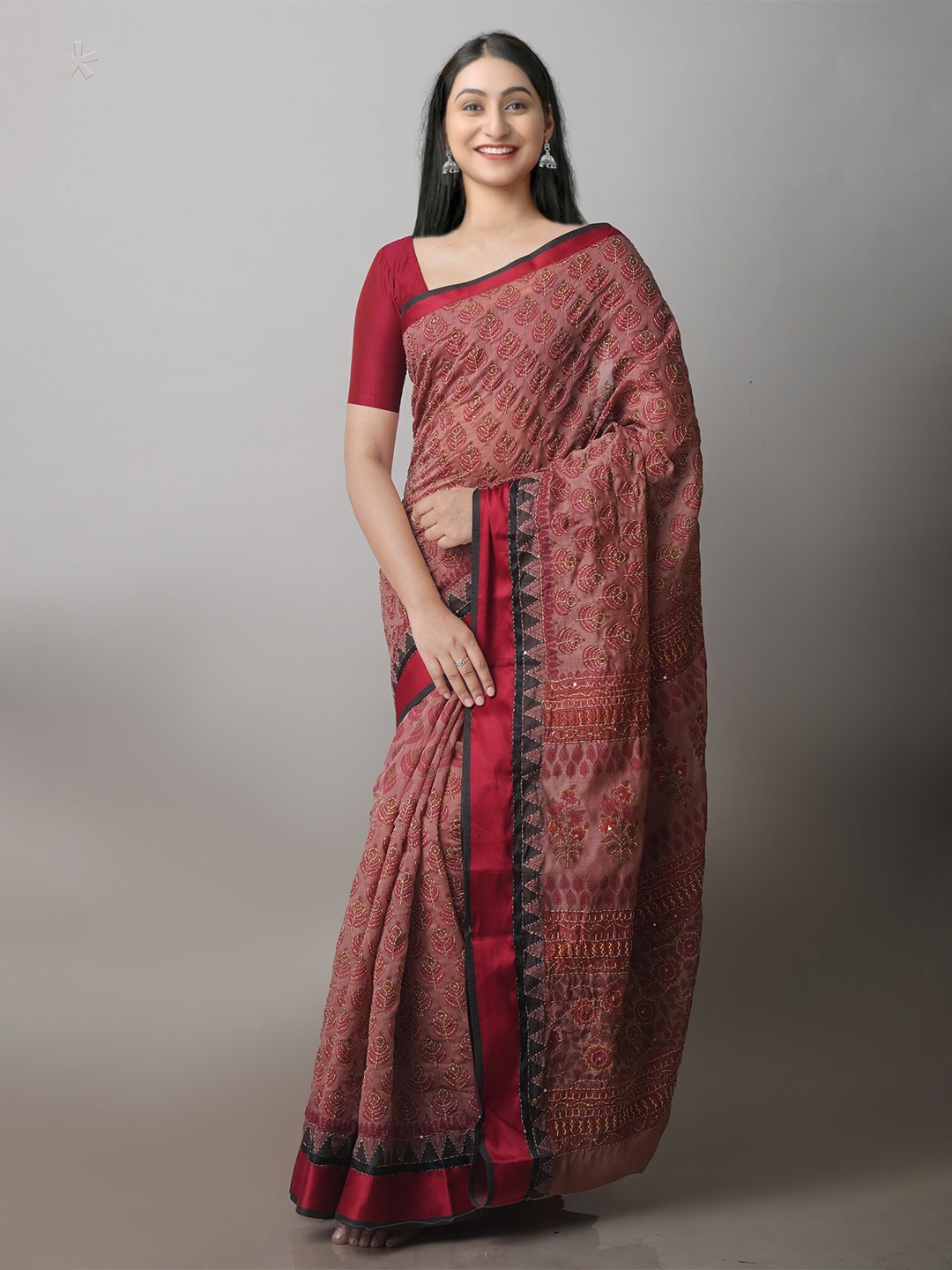 

Unnati Silks Ethnic Motifs Printed Kantha Work Chanderi Saree, Maroon