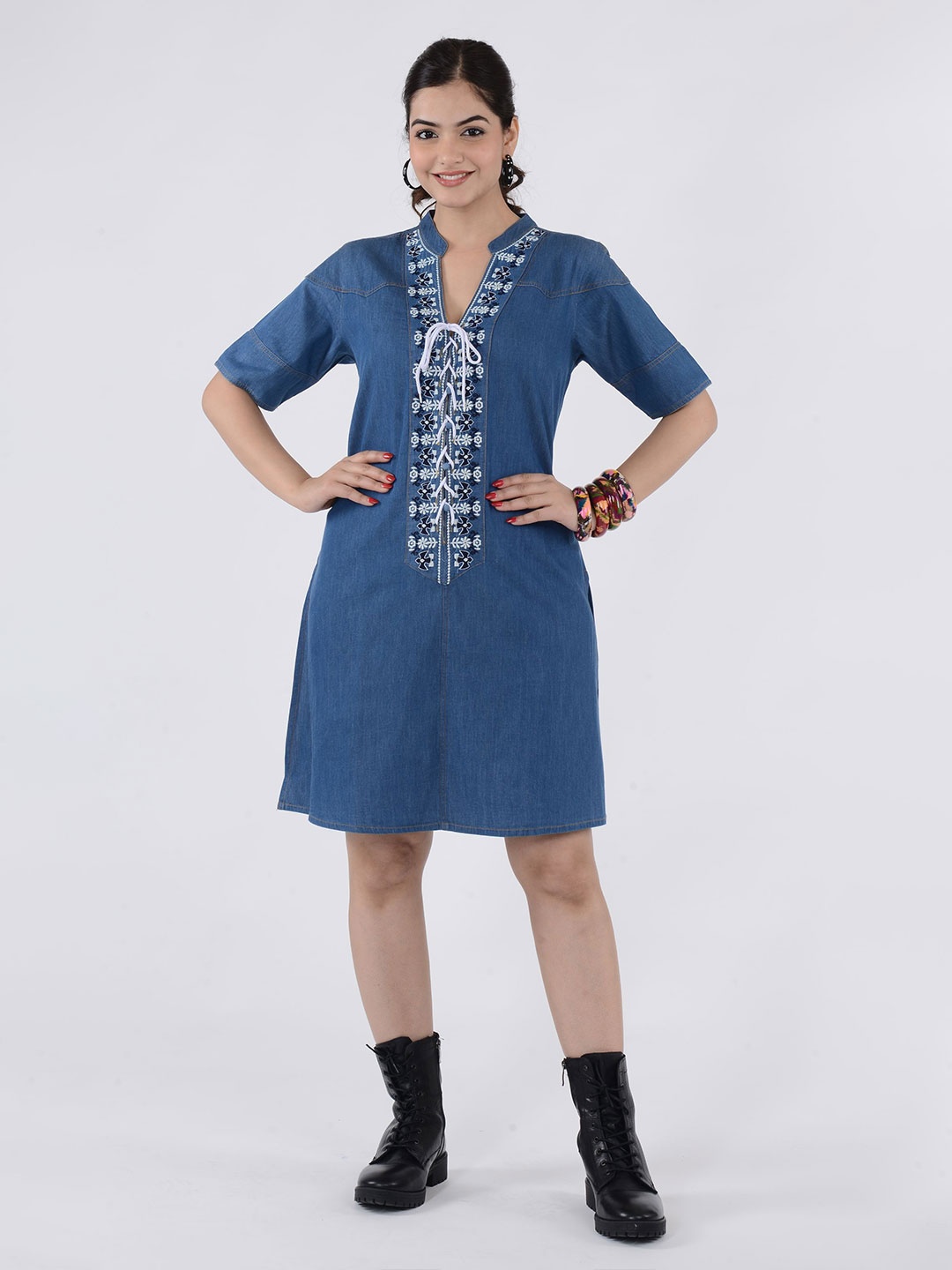 

SUMAVI-FASHION Mandarin Collar Denim Cotton A-Line Dress, Blue