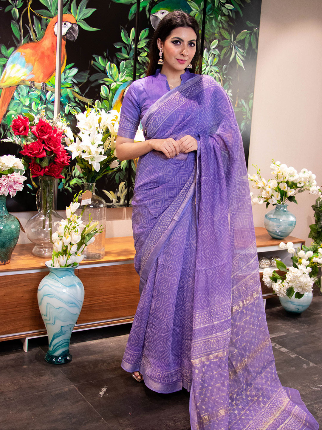 

AACHHO Batic Printed Zari Chanderi Saree, Purple