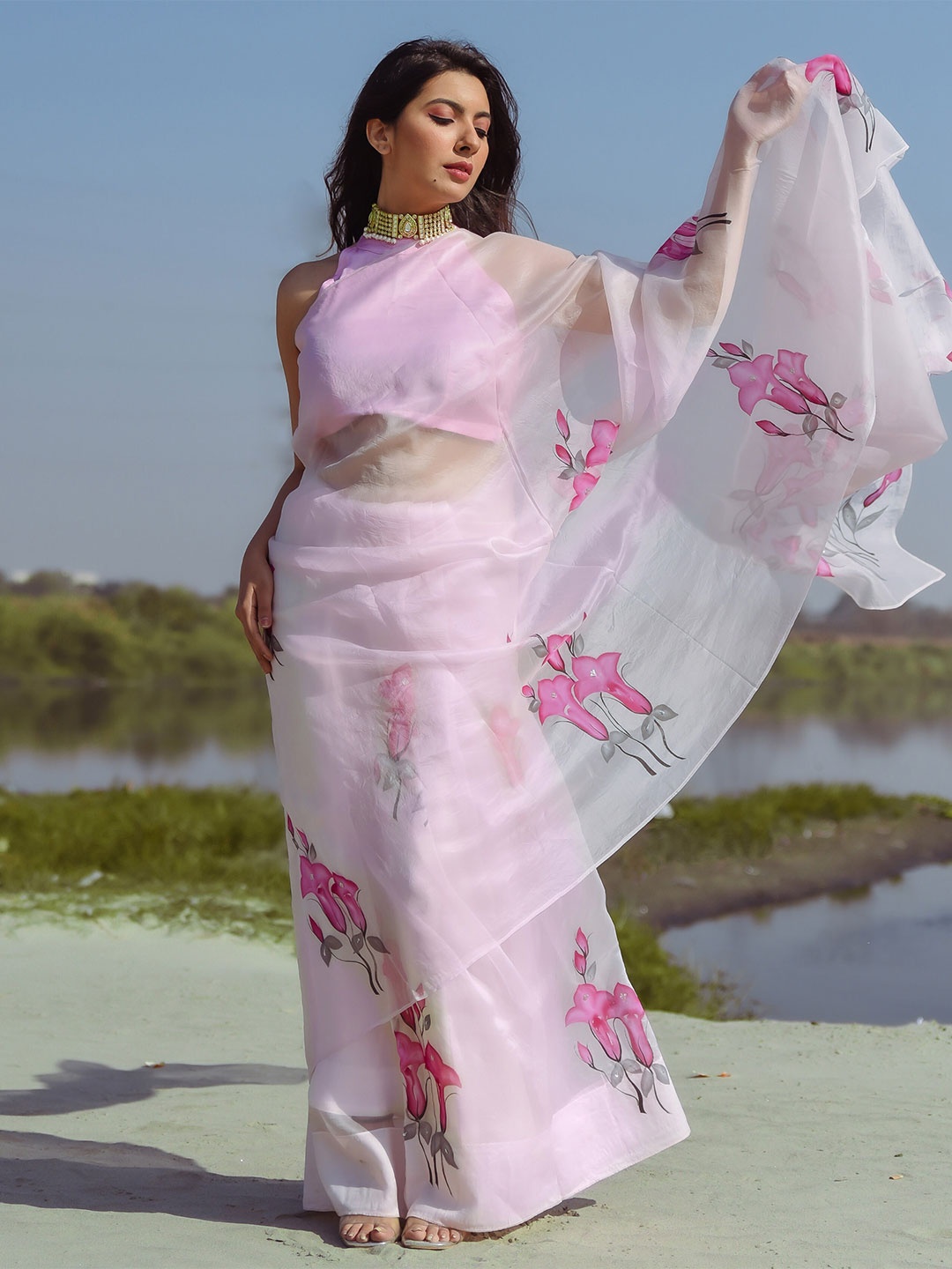 

AACHHO Floral Printed Organza Saree, Pink