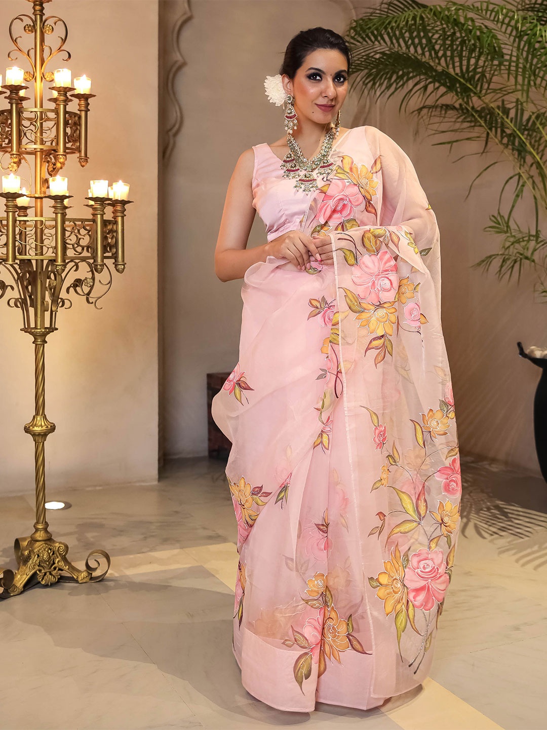 

AACHHO Floral Printed Embellished Organza Saree, Peach