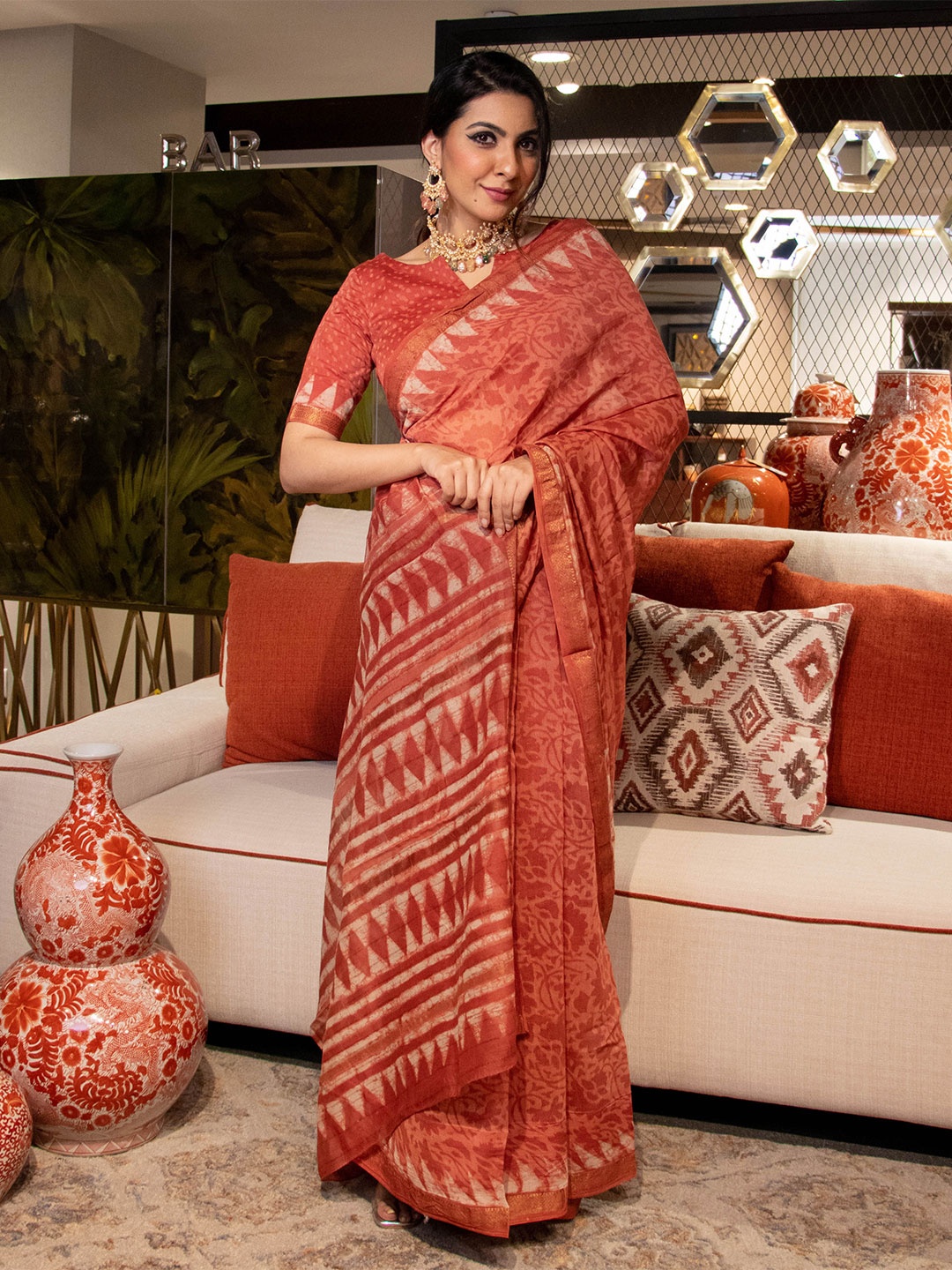 

AACHHO Floral Printed Chanderi Saree, Coral