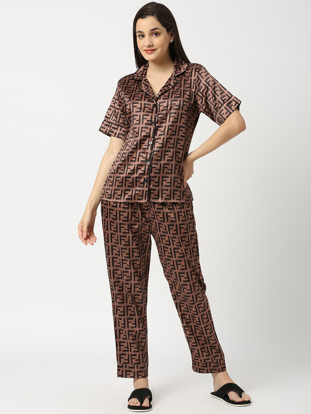 

Smarty Pants Geometric Printed Satin Night Suit, Brown