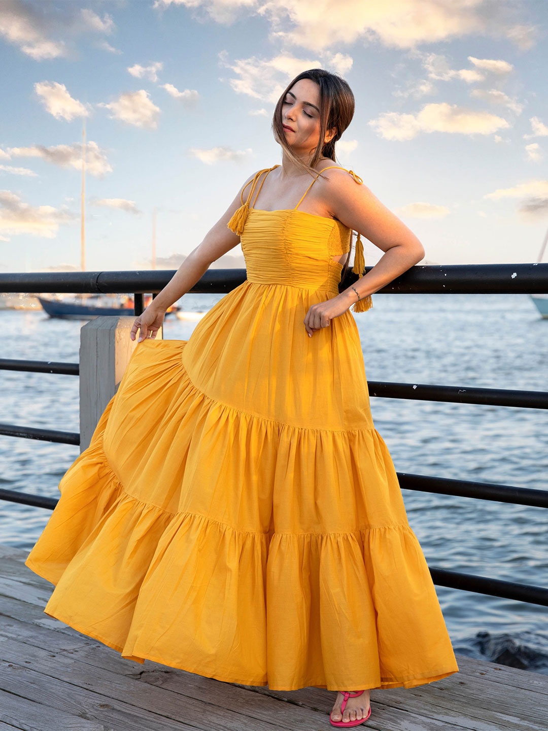 

AACHHO Smocked Sleeveless Tiered Maxi Cotton Dress, Yellow