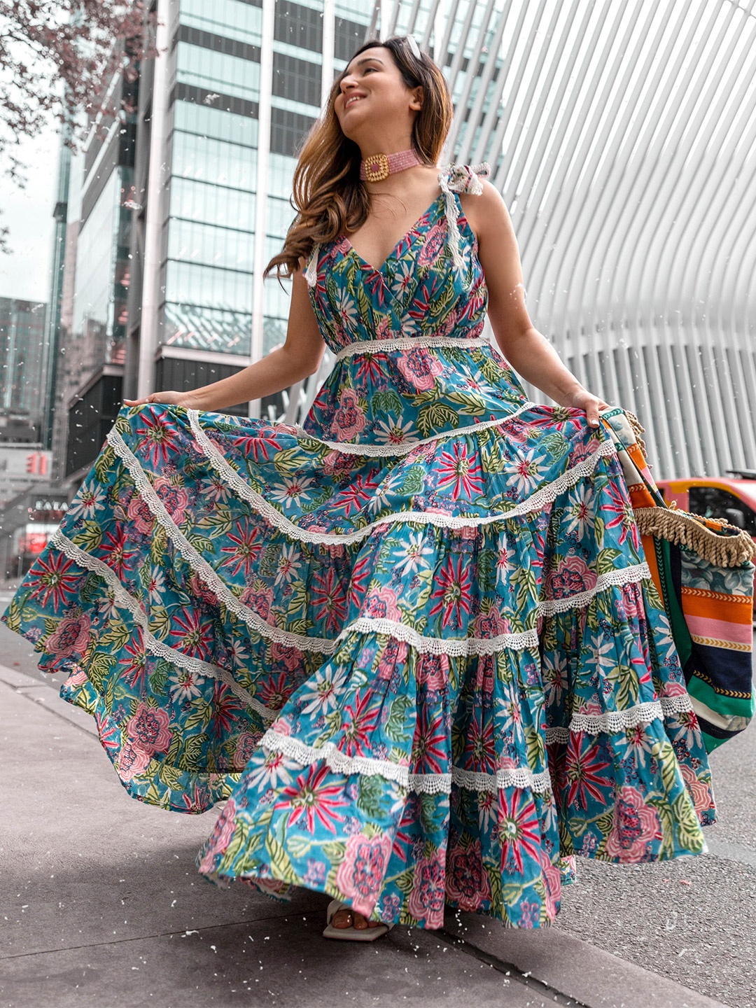

AACHHO Gathered Tiered Floral Print Maxi Cotton Dress, Blue