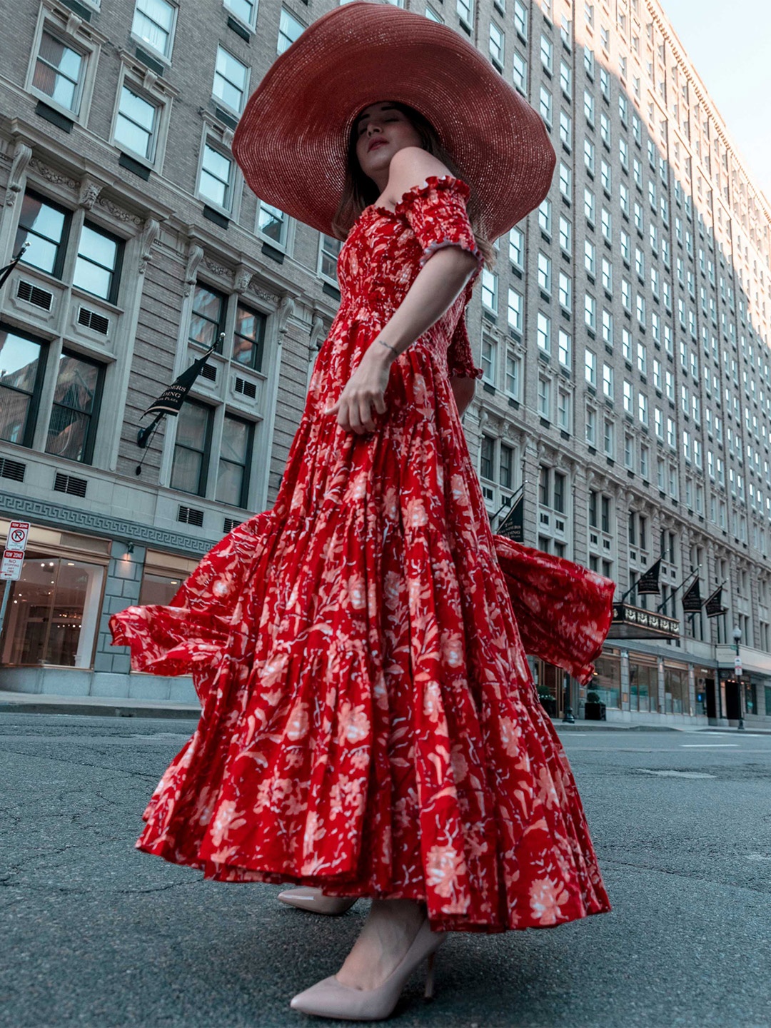 

AACHHO Off-Shoulder Floral Printed Fit & Flare Smocked Maxi Cotton Dress, Red