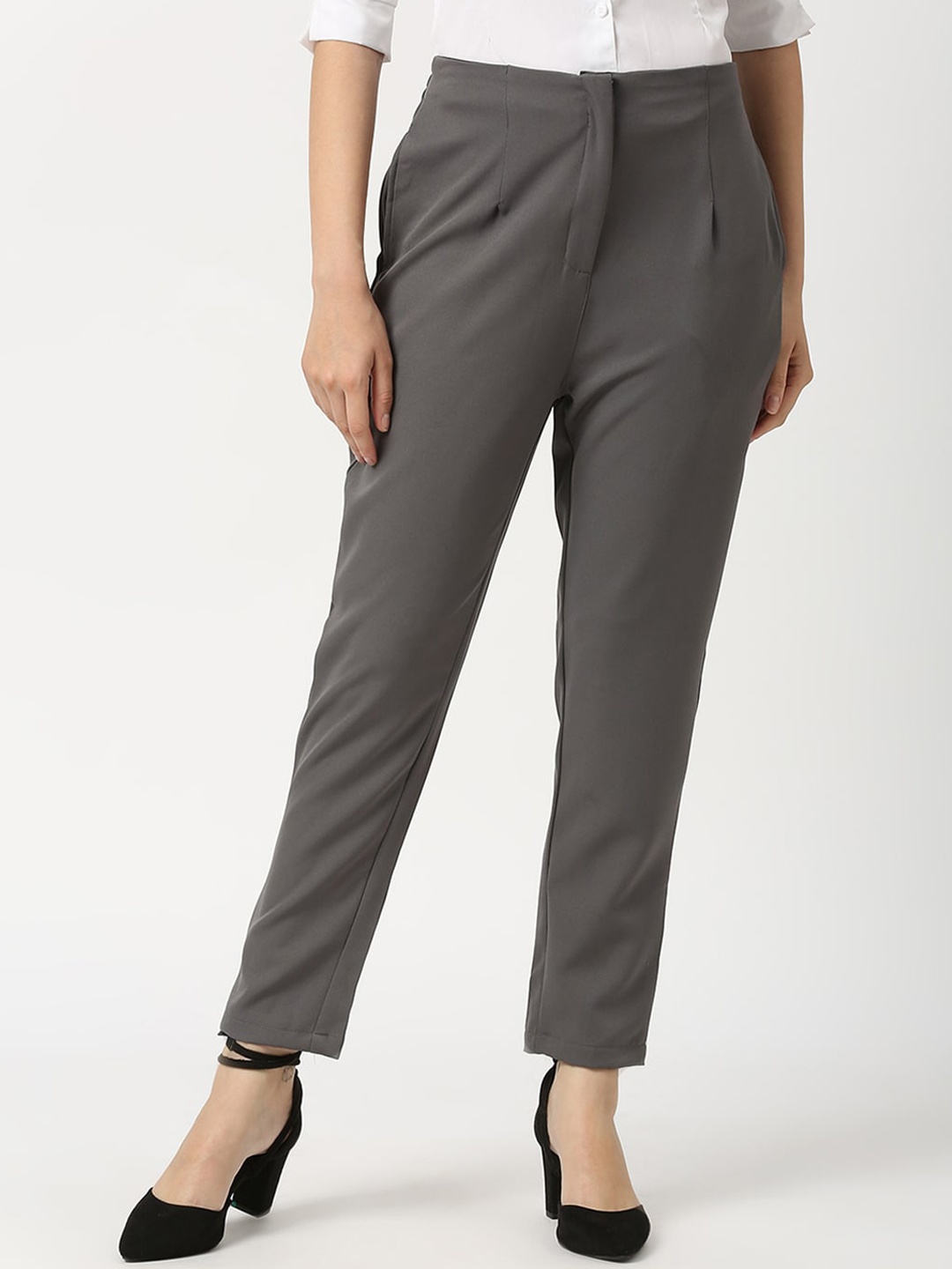 

Smarty Pants Women Relaxed Straight Fit High-Rise Easy Wash Formal Trousers, Grey