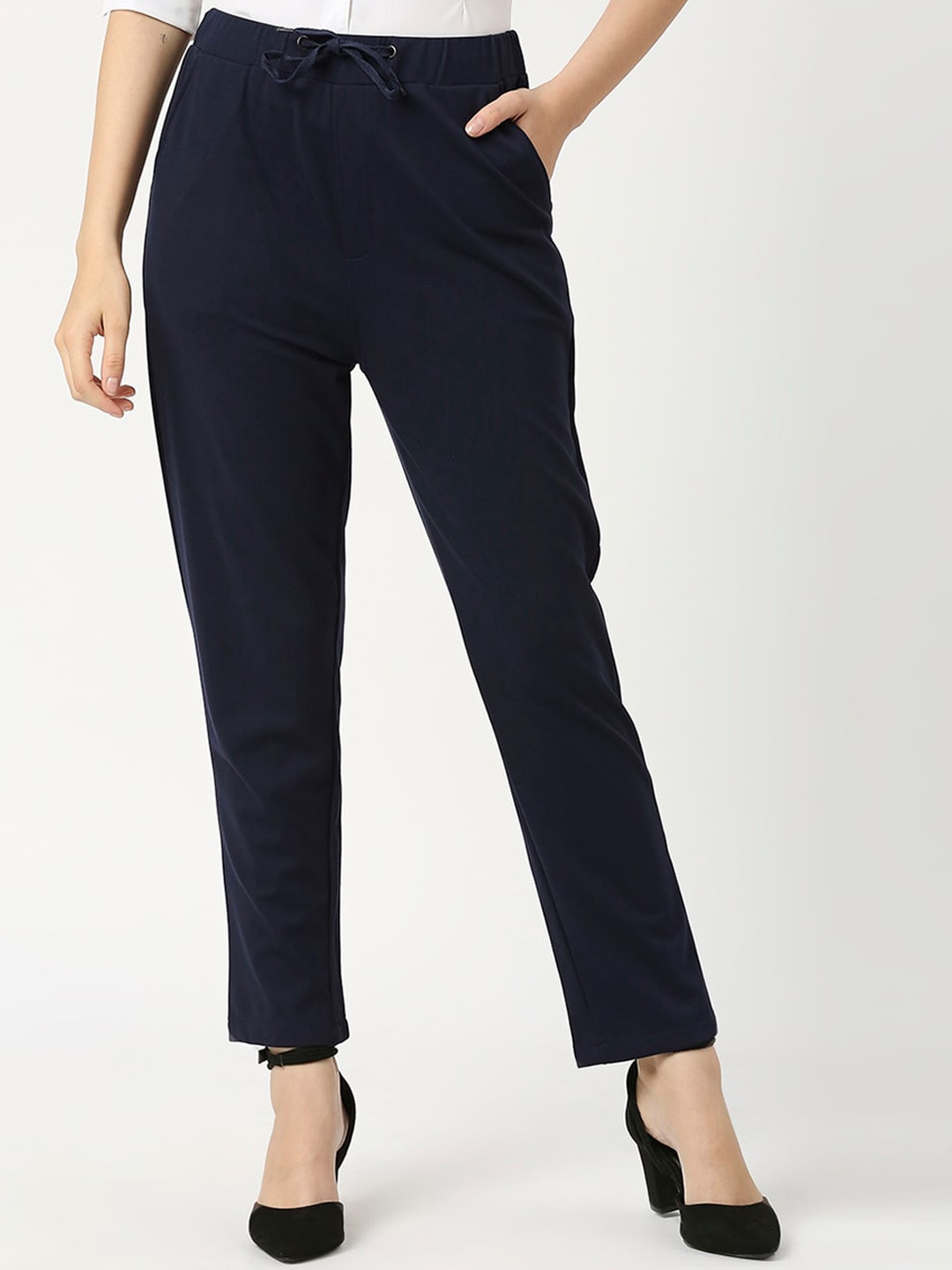 

Smarty Pants Women Comfort High-Rise Drawstring Formal Trousers, Navy blue