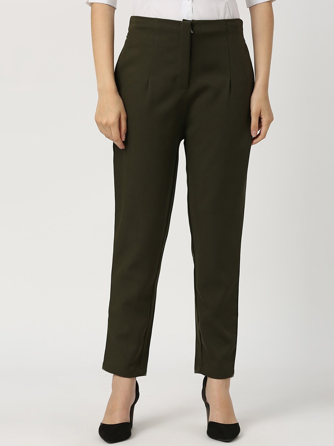 

Smarty Pants Women Relaxed Straight Fit High-Rise Easy Wash Pleated Formal Trousers, Olive