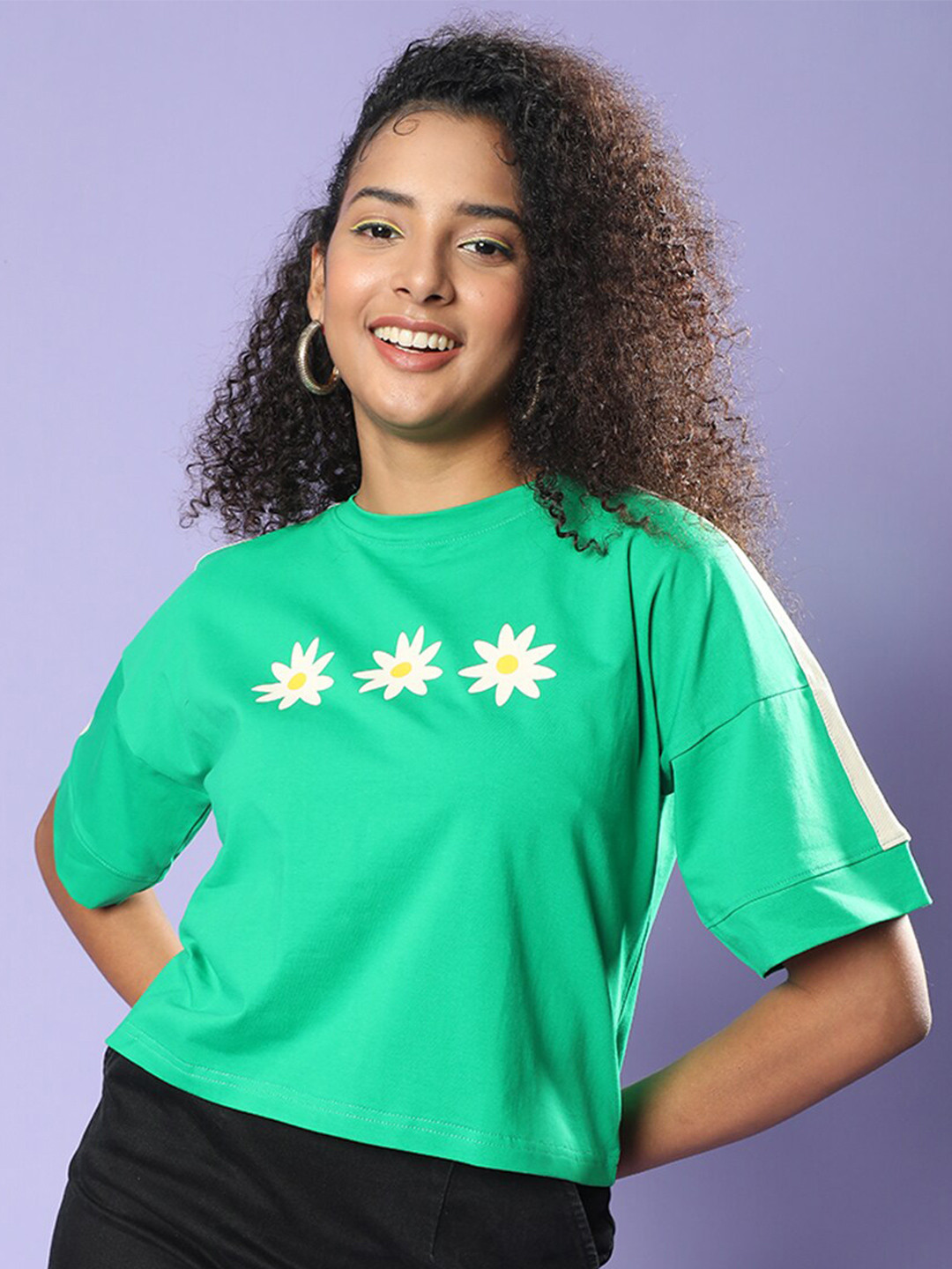 

JUNEBERRY Floral Printed Drop-Shoulder Cotton Crop T-Shirt, Green