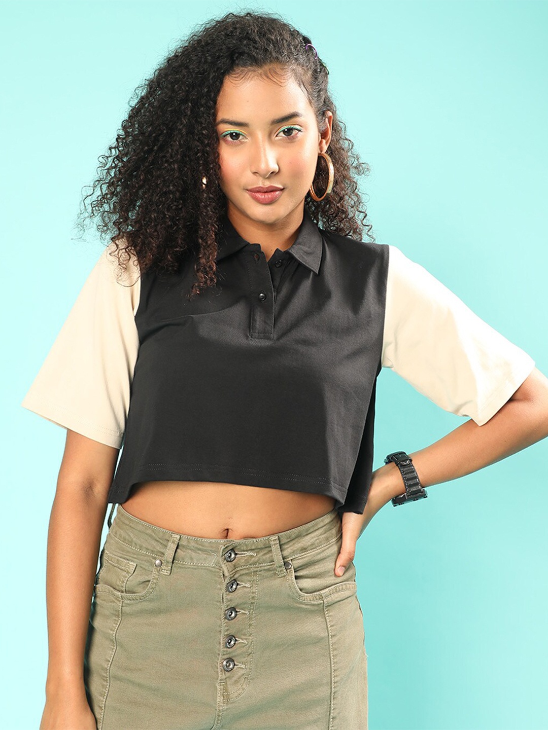 

JUNEBERRY Colourblocked Polo Collar Cotton Crop T-Shirt, Black