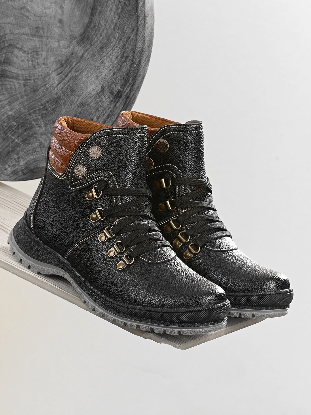 

The Roadster Lifestyle Co. Men Black And Brown Textured Biker Boots