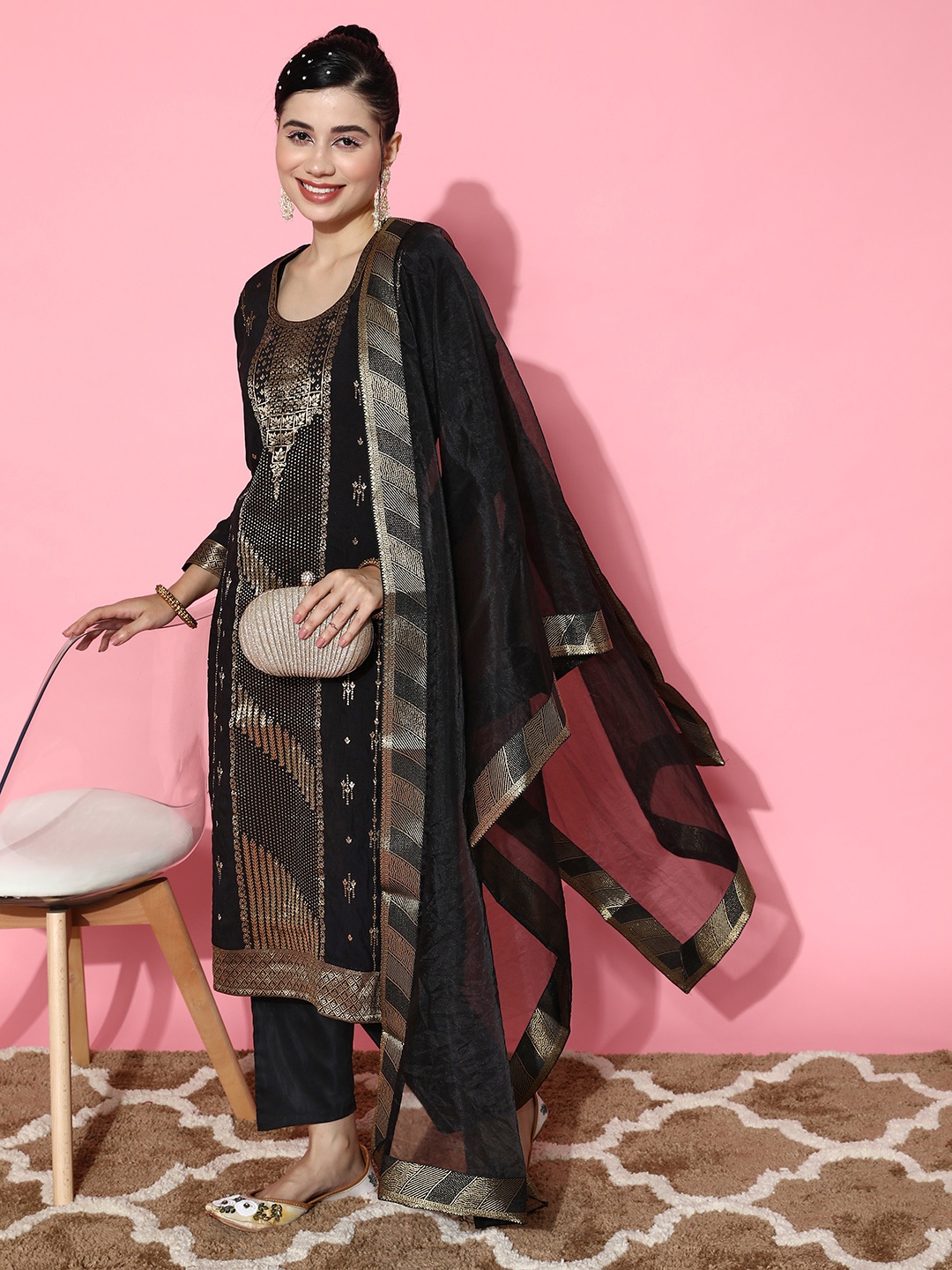 

Sangria Ethnic Motifs Yoke Design Regular Kurta with Trousers & With Dupatta, Black