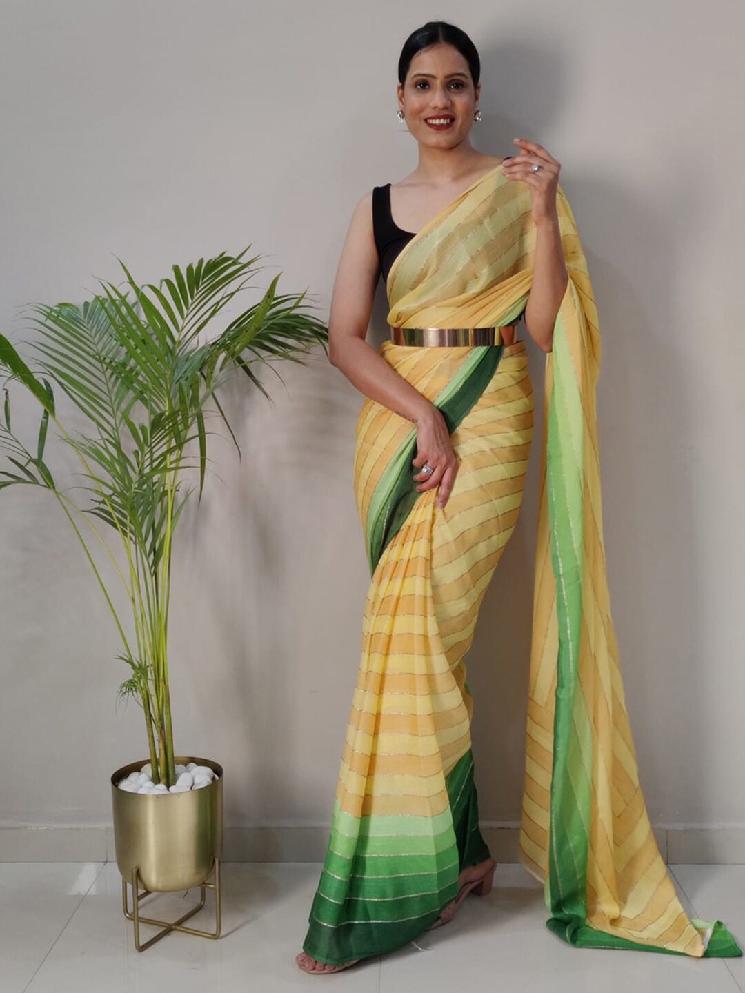 

Mitera Striped Poly Chiffon Ready to Wear Saree, Yellow