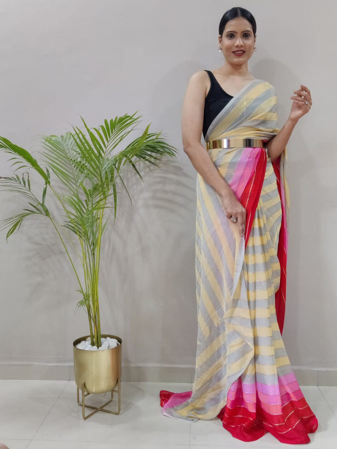 

Mitera Yellow Striped Poly Chiffon Ready To Wear Saree