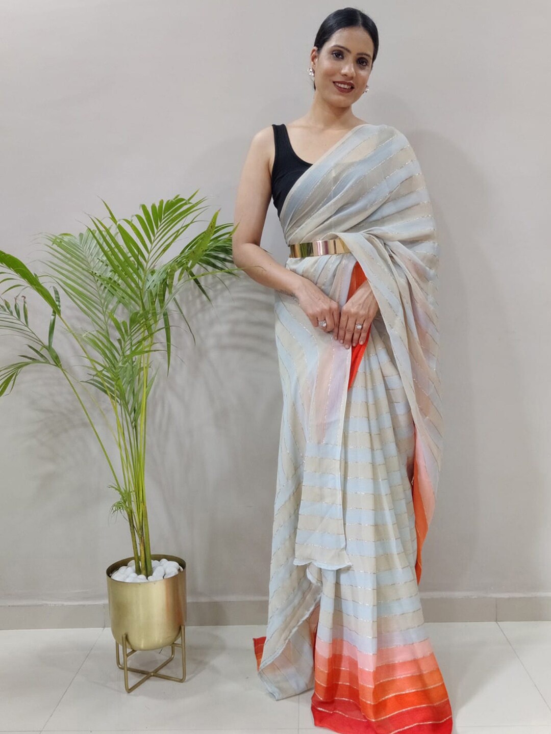 

Mitera Poly Chiffon Ready to wear saree, Off white
