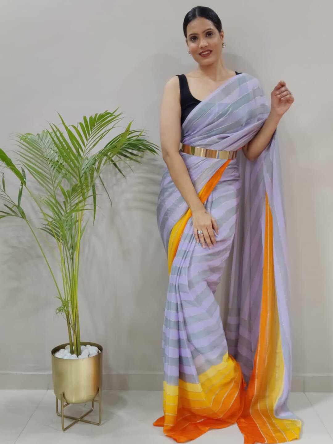 

Mitera Striped Zari Ready To Wear Saree, Purple