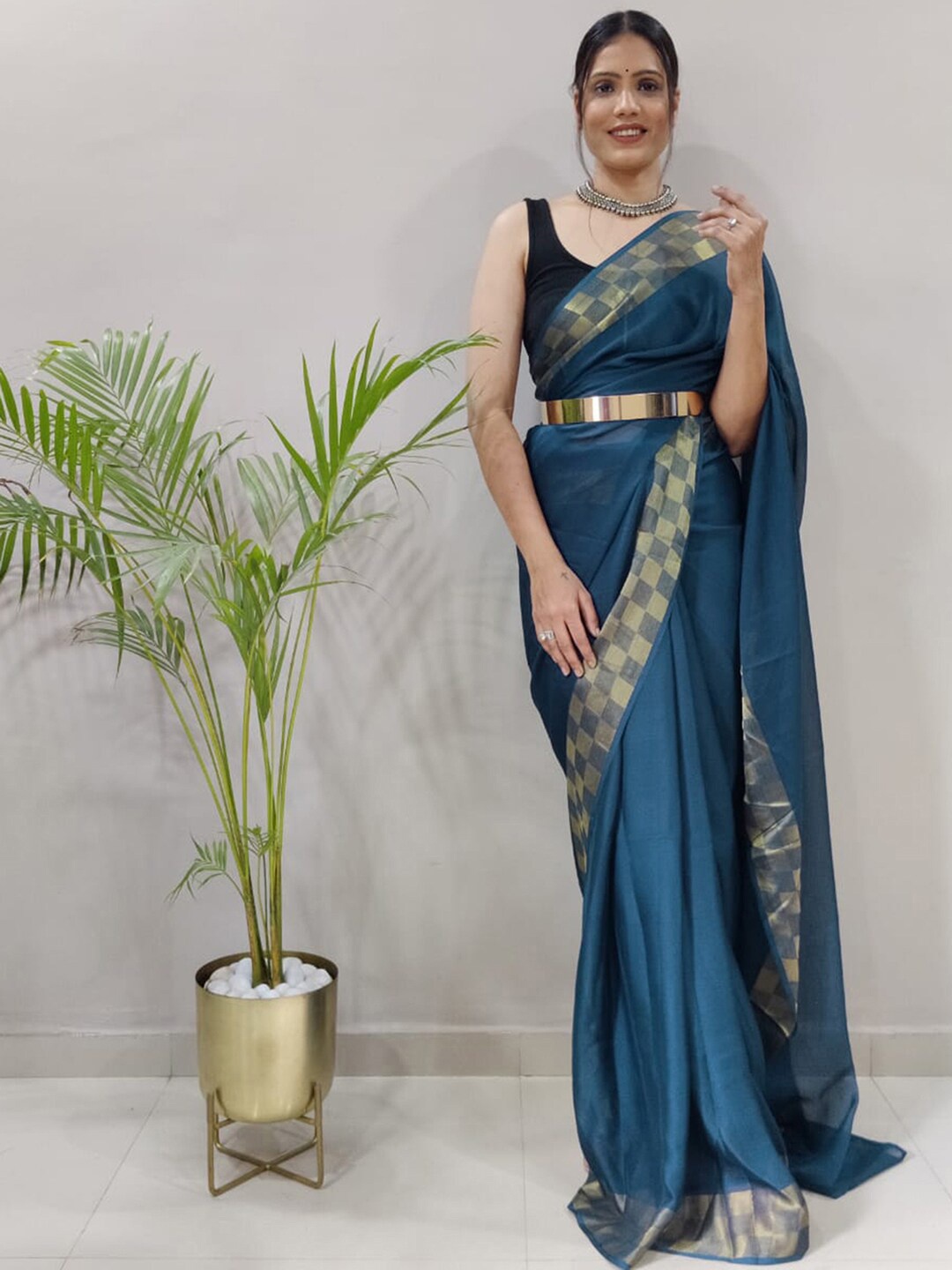 

Mitera Checked Border Poly Chiffon Ready to Wear Saree, Blue