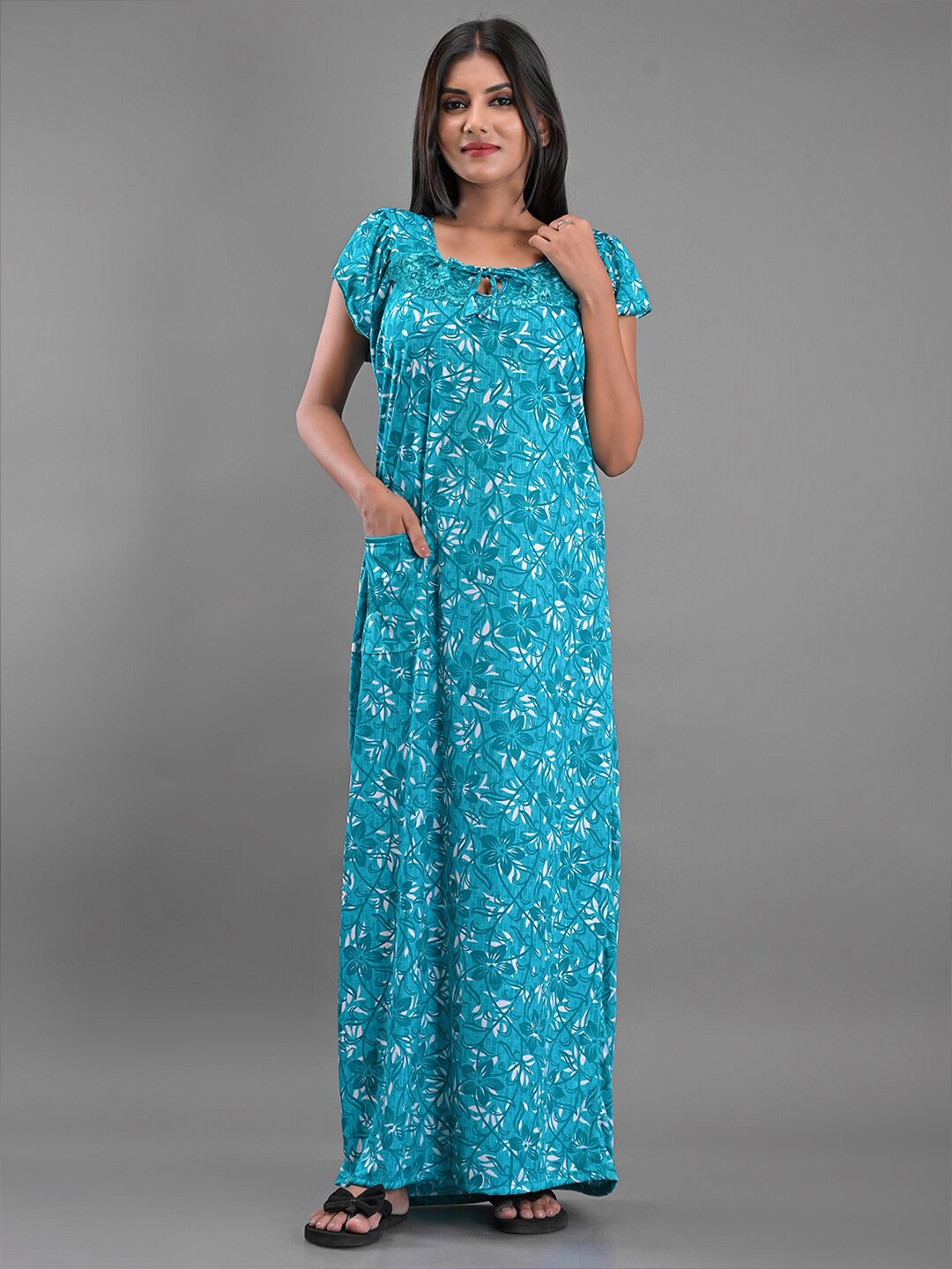 

Apratim Floral Printed Satin Maxi Nightdress, Green