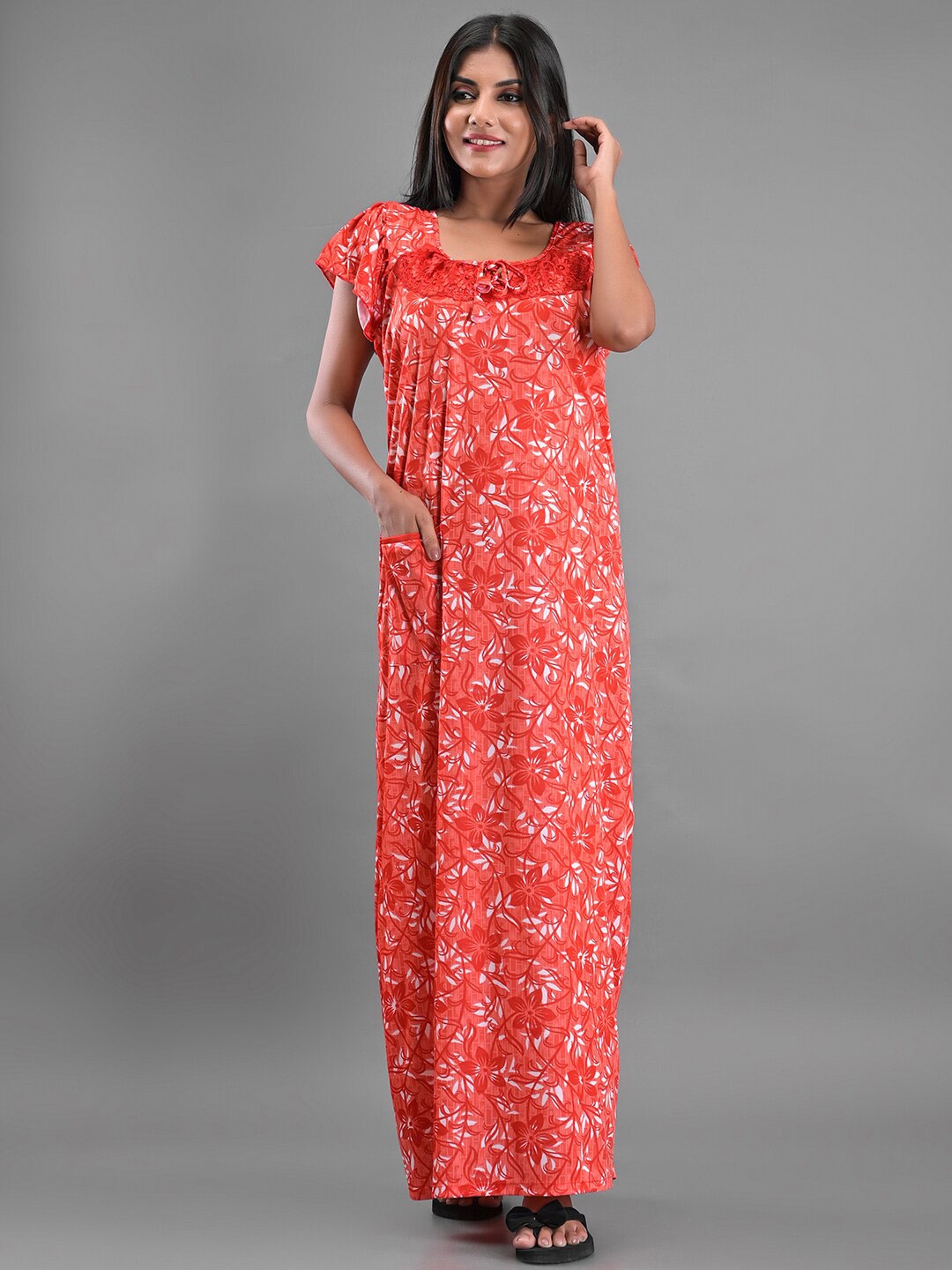 

Apratim Floral Printed Satin Maxi Nightdress, Red