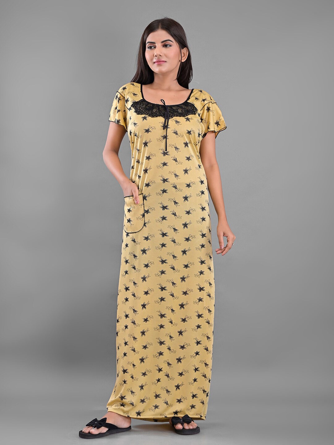 

Apratim Floral Printed Satin Maxi Nightdress, Yellow