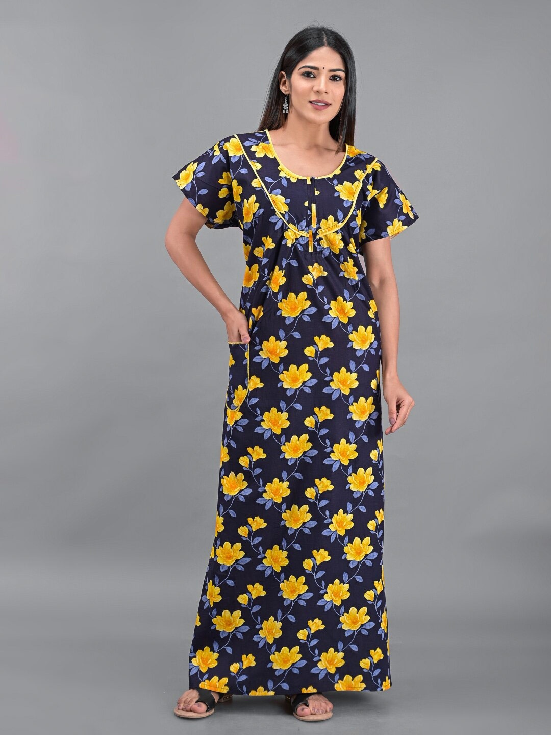 

Apratim Floral Printed Pure Cotton Maxi Nightdress, Blue