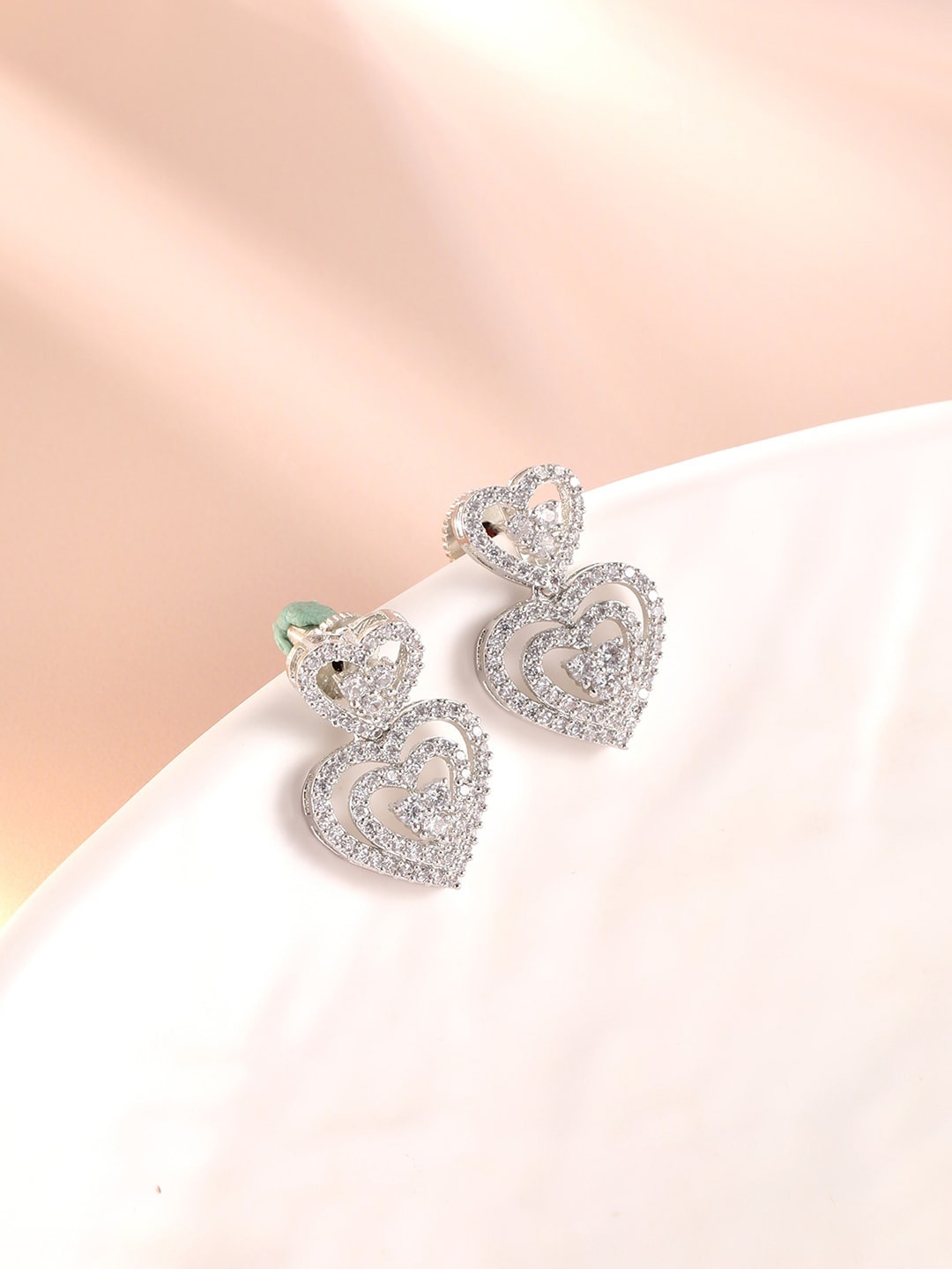 

XPNSV Silver-Plated CZ Studded Heart Shaped Drop Earrings