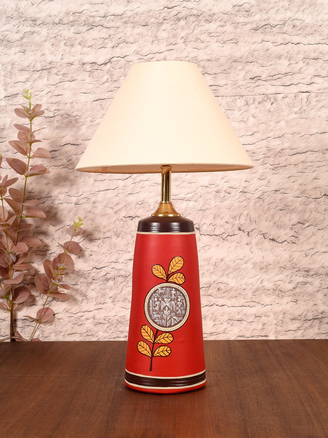 

AAKRITI ART CREATIONS Red & White Printed Terracotta Table Lamp