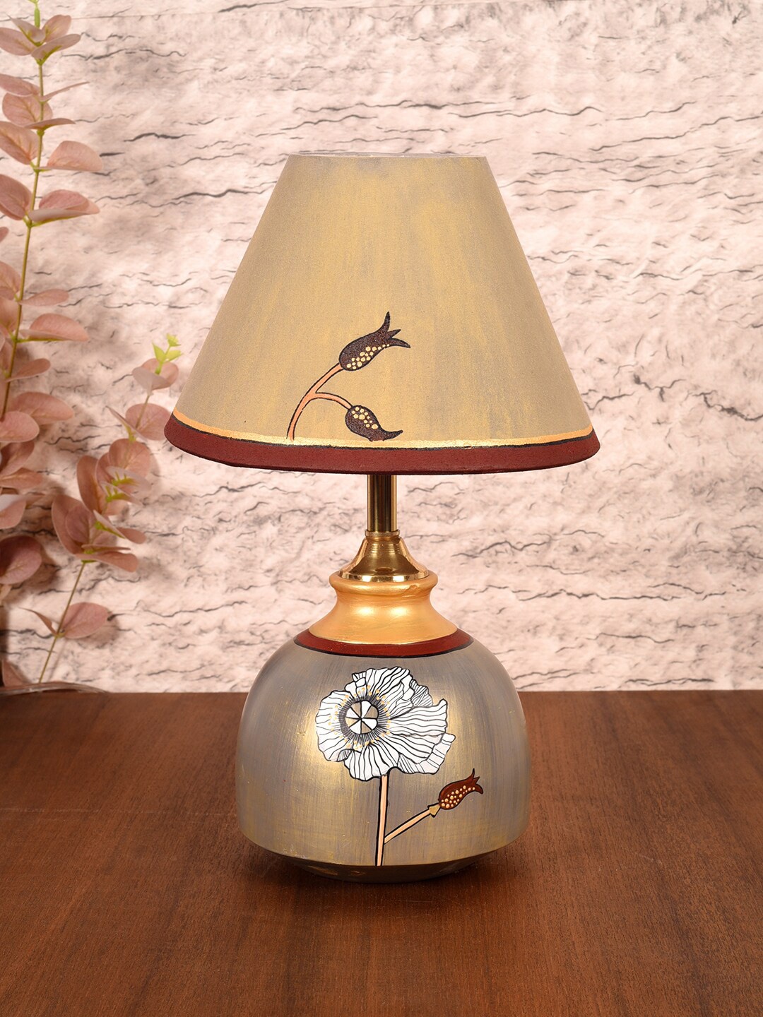 

AAKRITI ART CREATIONS Beige Silver Luster Printed Terracotta Table Lamp