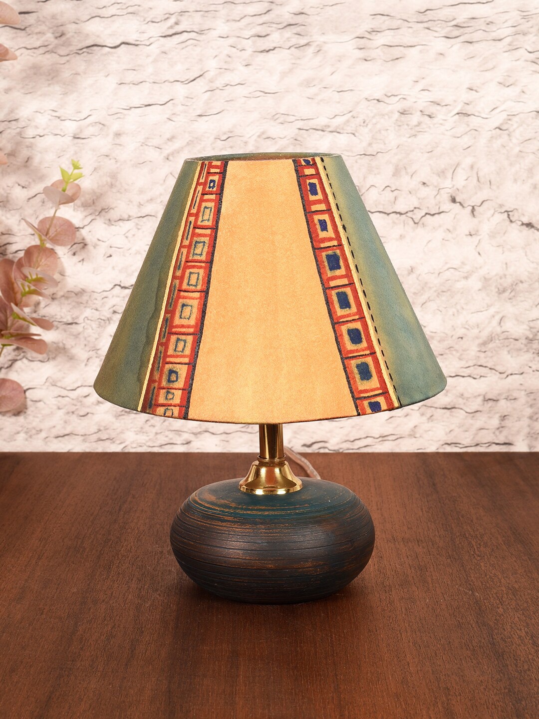 

AAKRITI ART CREATIONS Orange & Blue Midnight Glow Printed Terracotta Table Lamp