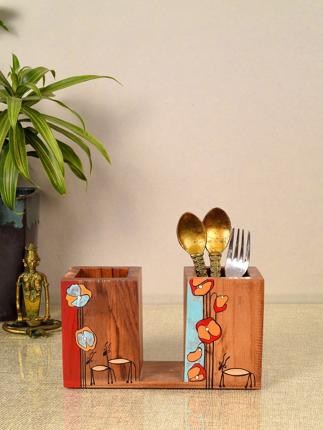 

AAKRITI ART CREATIONS Floral Delights Wooden Cutlery Holder, Brown